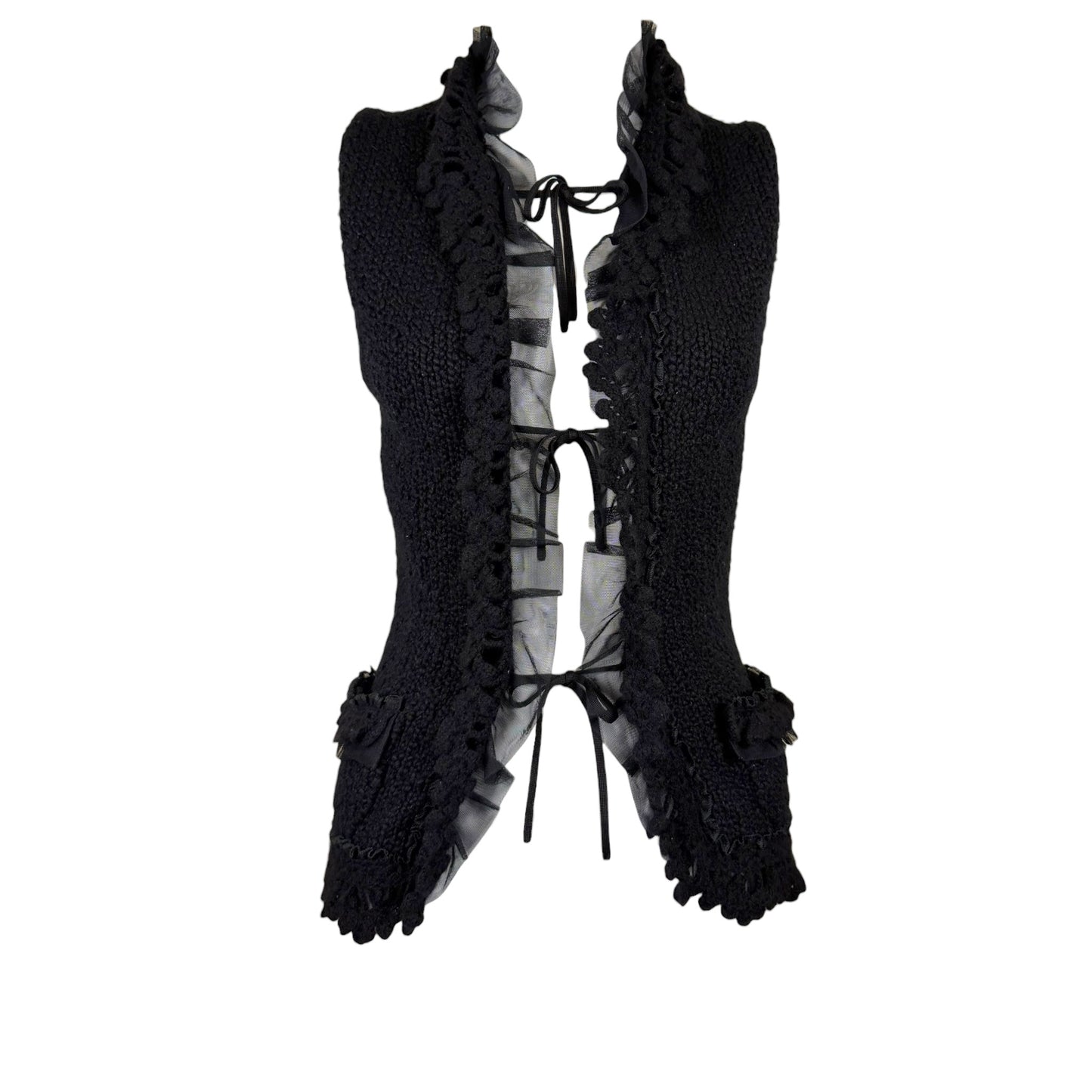 Vintage Chanel Fall 2002 Black Cashmere Tie-Front Knit Vest with Tulle Trim Size 36