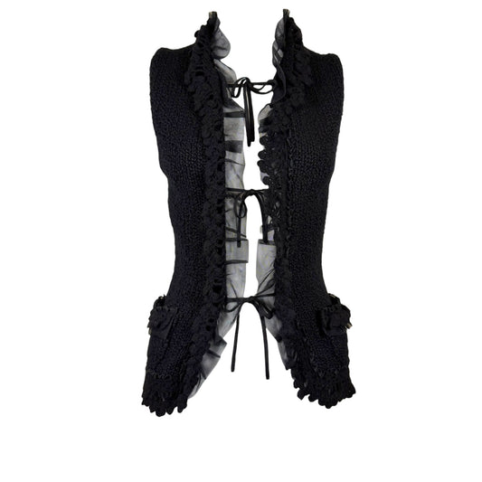 Vintage Chanel Fall 2002 Black Cashmere Tie-Front Knit Vest with Tulle Trim Size 36