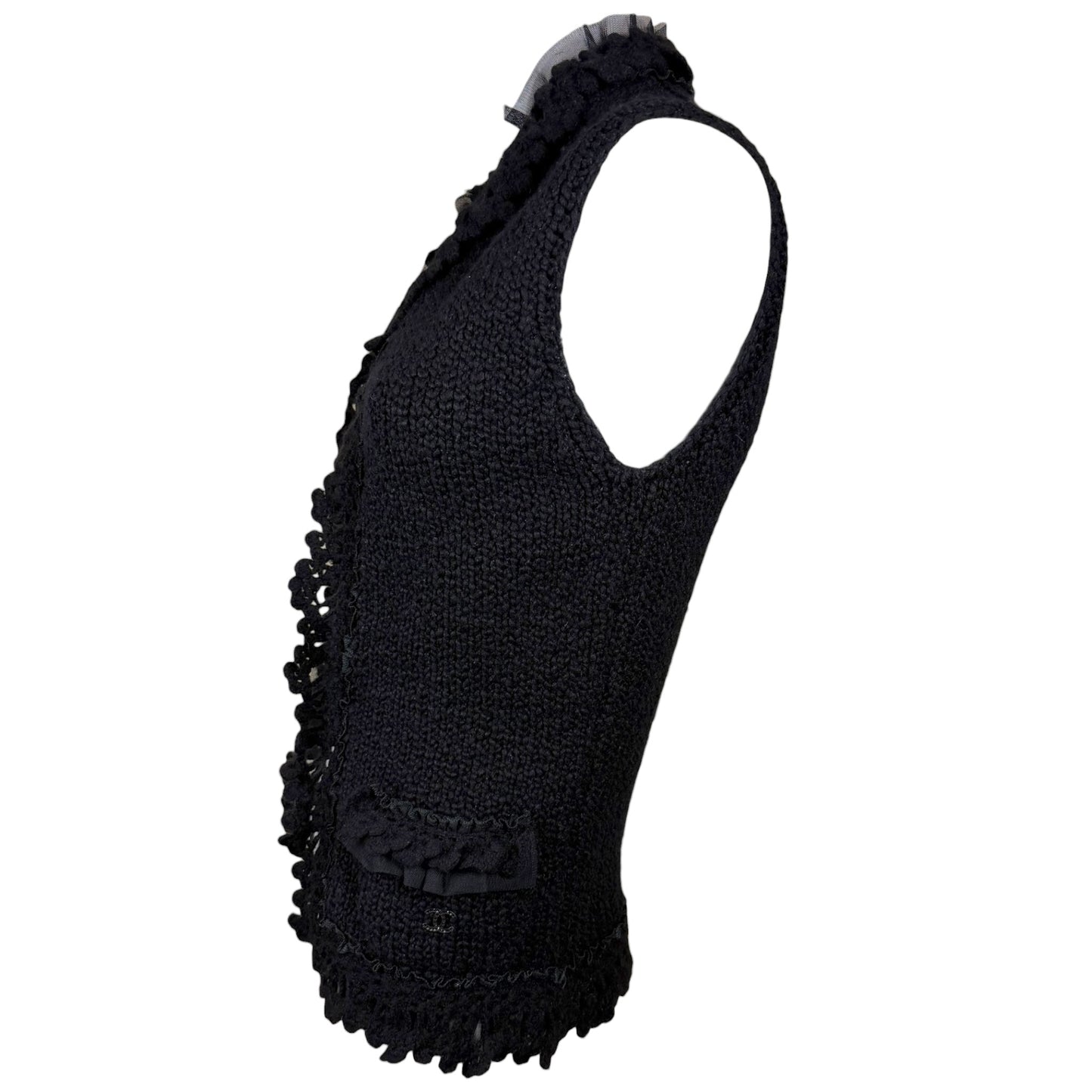Vintage Chanel Fall 2002 Black Cashmere Tie-Front Knit Vest with Tulle Trim Size 36