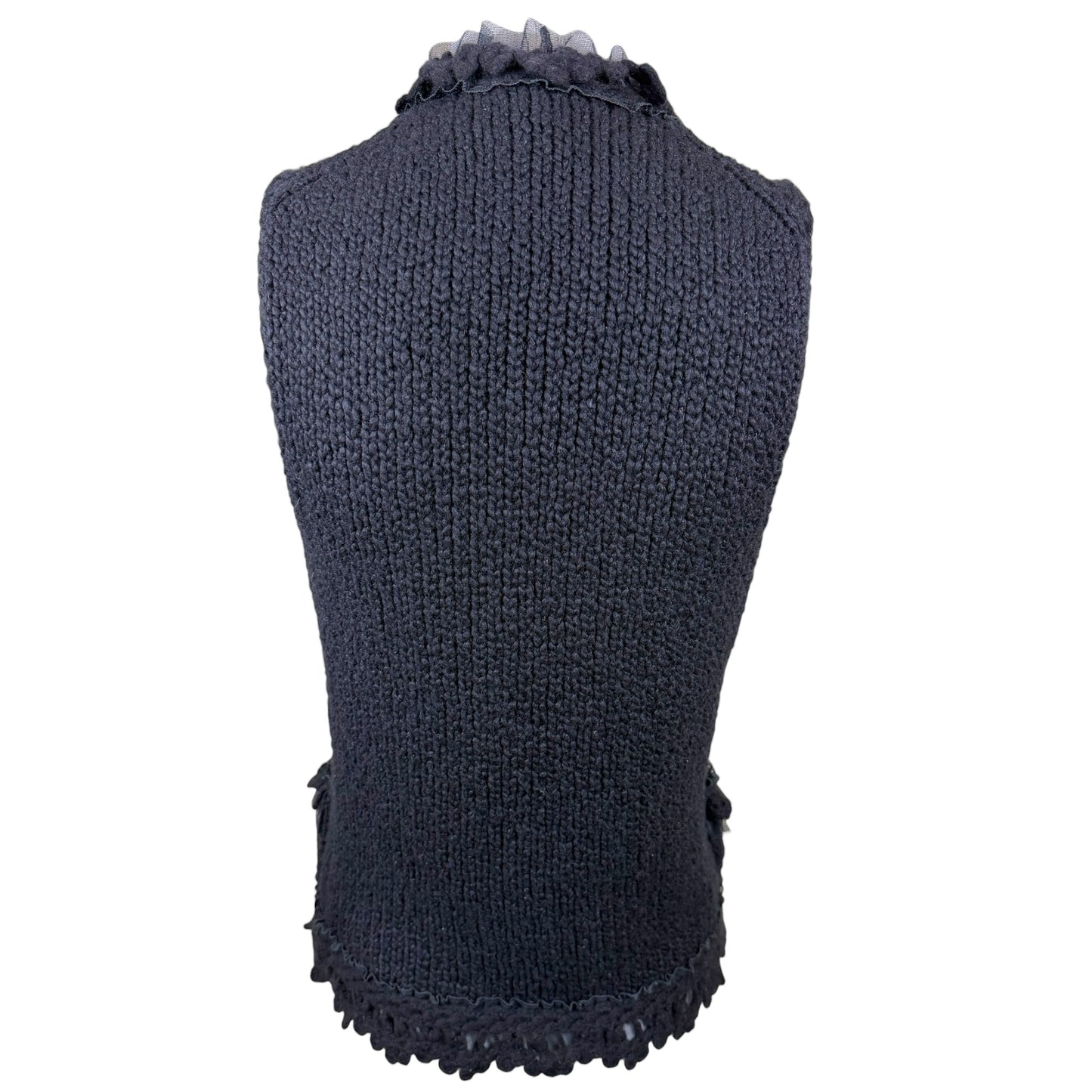 Vintage Chanel Fall 2002 Black Cashmere Tie-Front Knit Vest with Tulle Trim Size 36