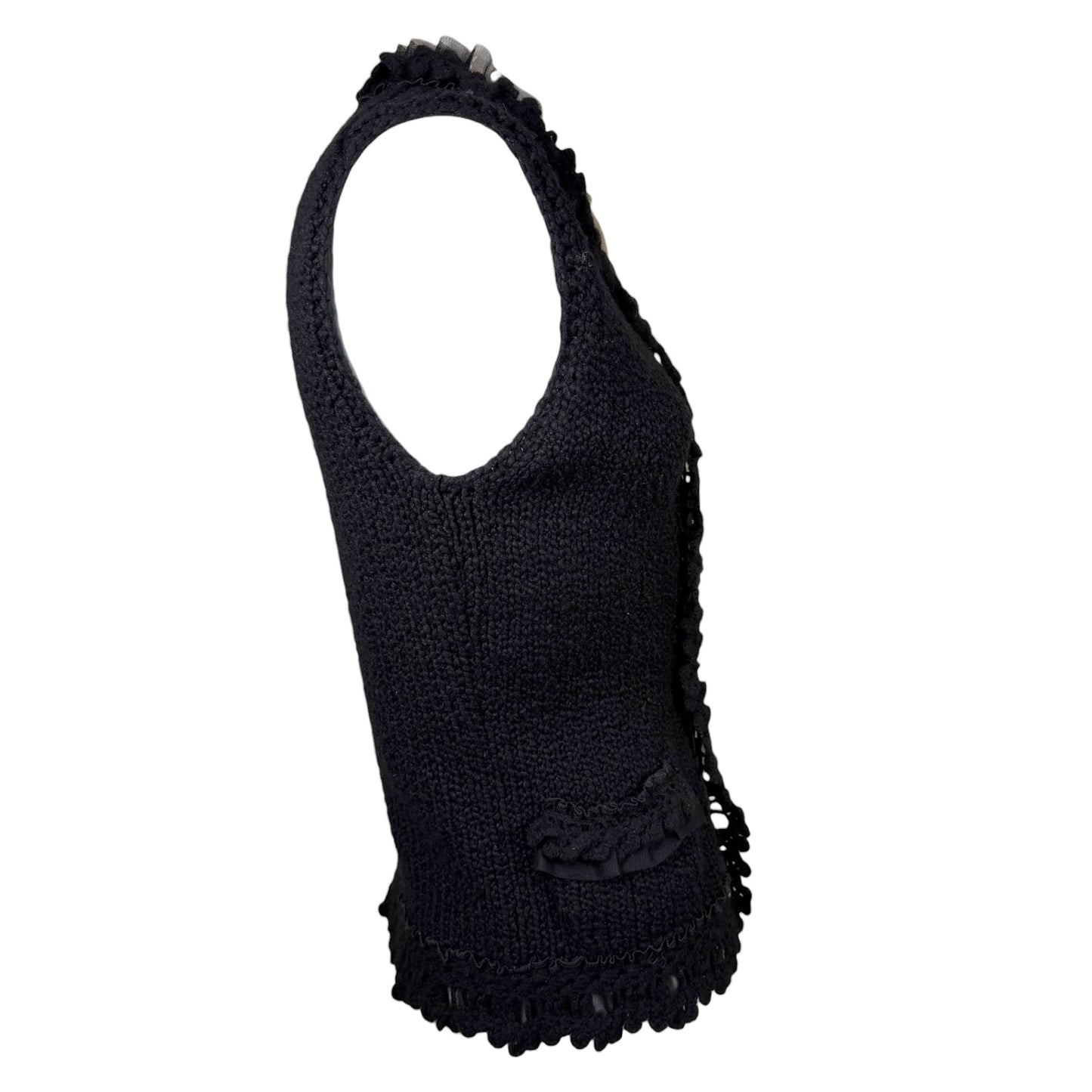 Vintage Chanel Fall 2002 Black Cashmere Tie-Front Knit Vest with Tulle Trim Size 36