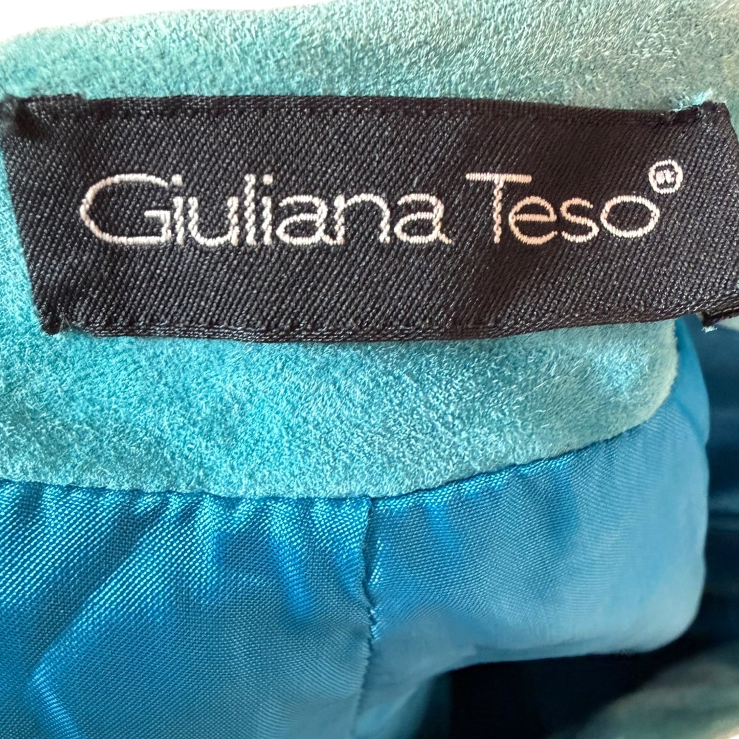 Vintage Giuliana Teso turquoise suede leather pants, interior label close-up