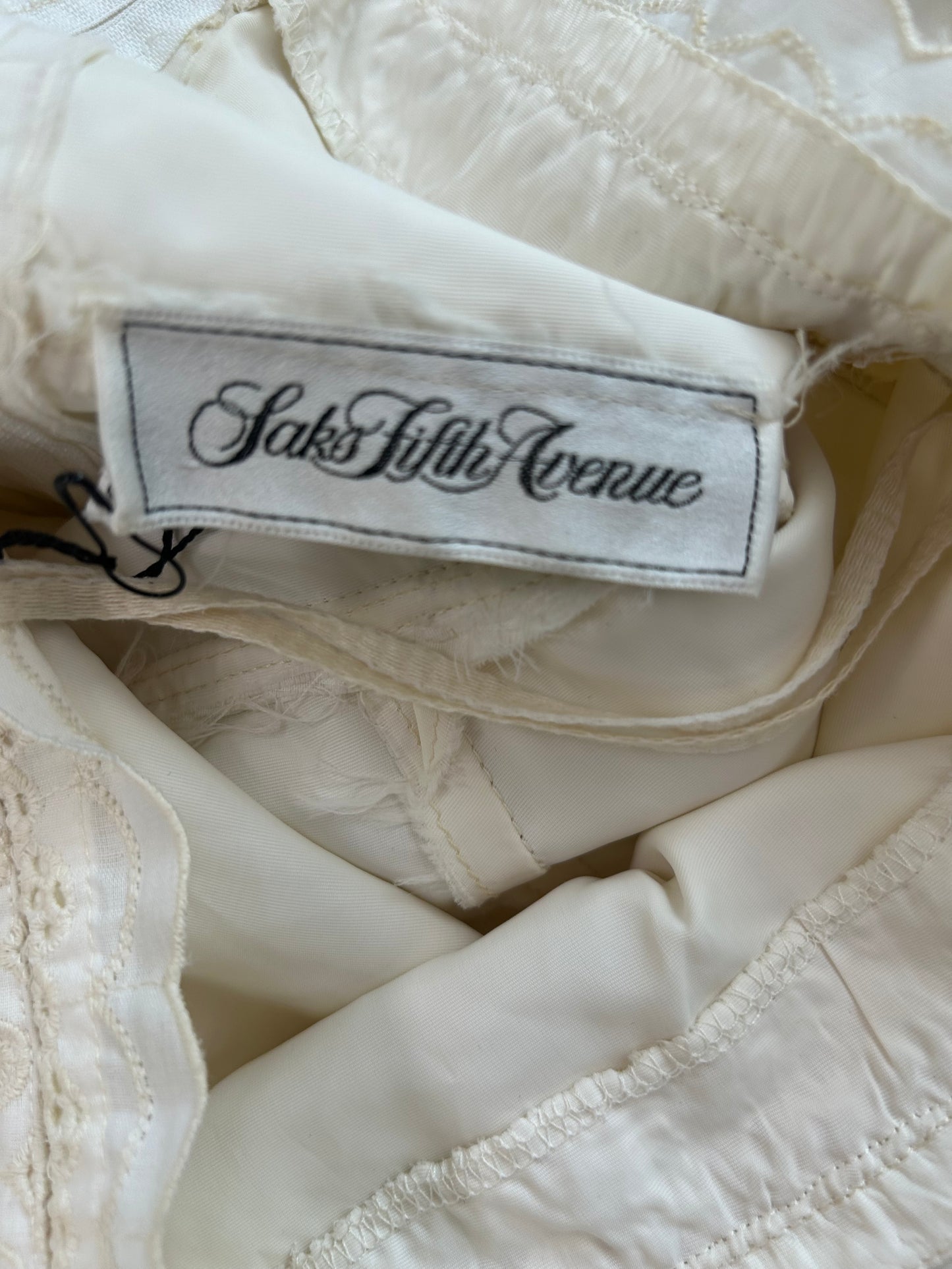 Vintage 1970s Saks Fifth Avenue Ivory Eyelet Cotton Strapless Dress – Prairie-Inspired Midi with Ruffle Hem