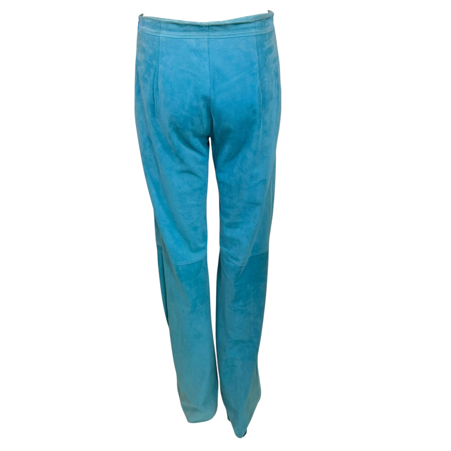 Vintage Giuliana Teso turquoise suede leather pants, waistband detail close-up