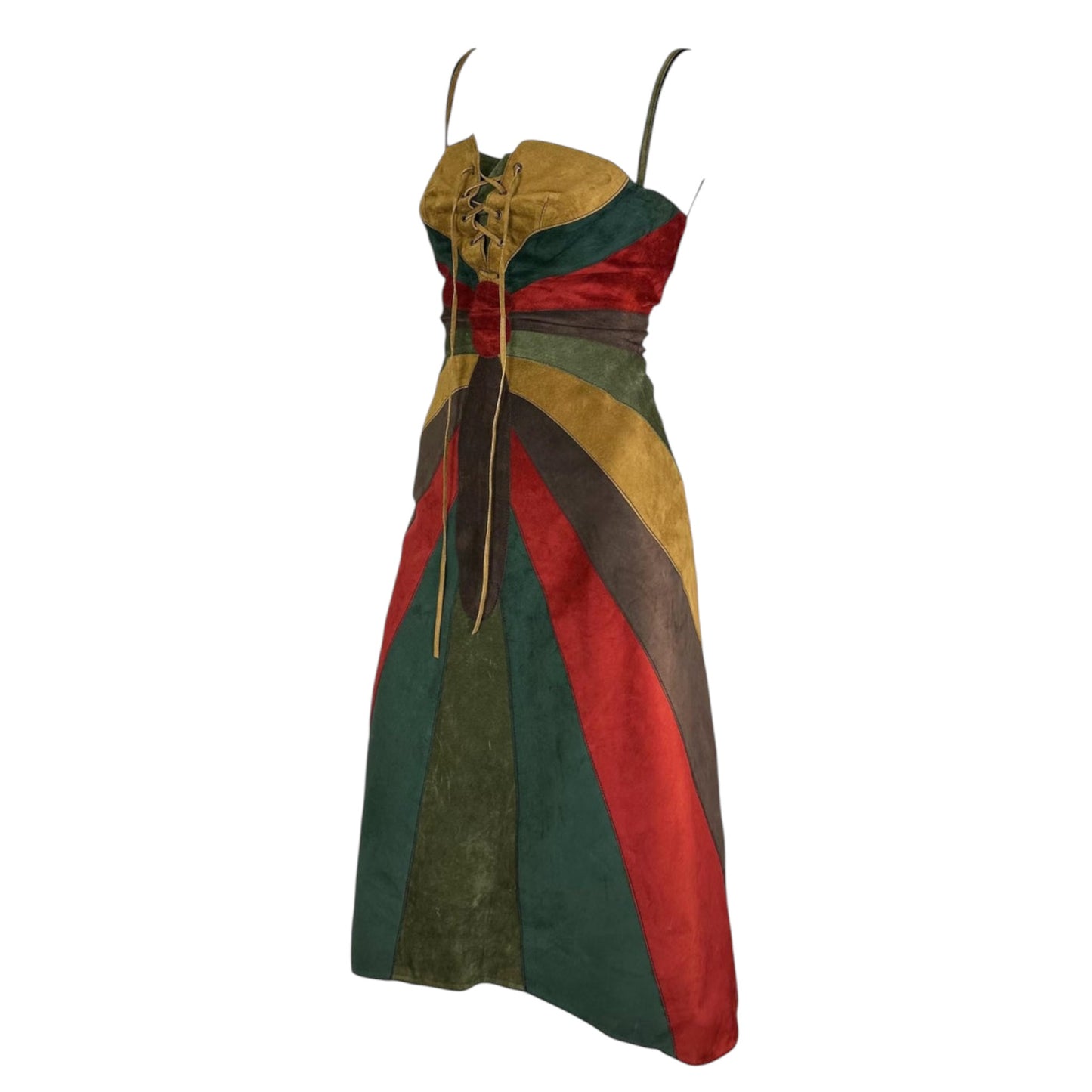 Dolce & Gabbana F/W 2002 Patchwork Suede Lace-Up Midi Dress w/ Built-In Lace Bra NWT IT 46
