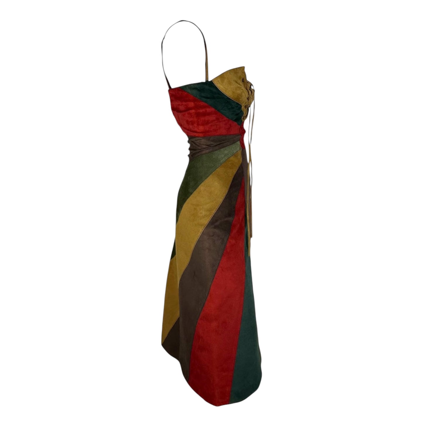 Dolce & Gabbana F/W 2002 Patchwork Suede Lace-Up Midi Dress w/ Built-In Lace Bra NWT IT 46