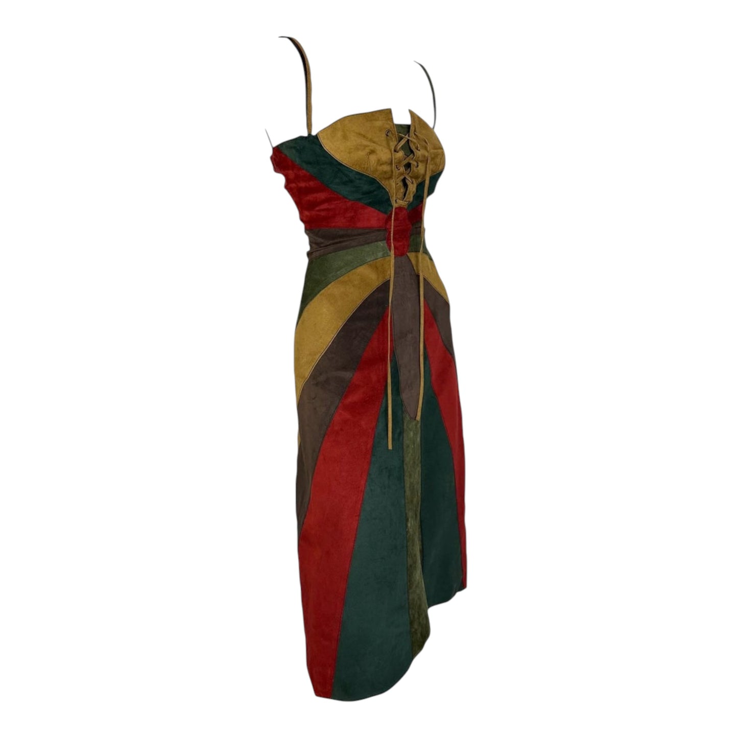 Dolce & Gabbana F/W 2002 Patchwork Suede Lace-Up Midi Dress w/ Built-In Lace Bra NWT IT 46