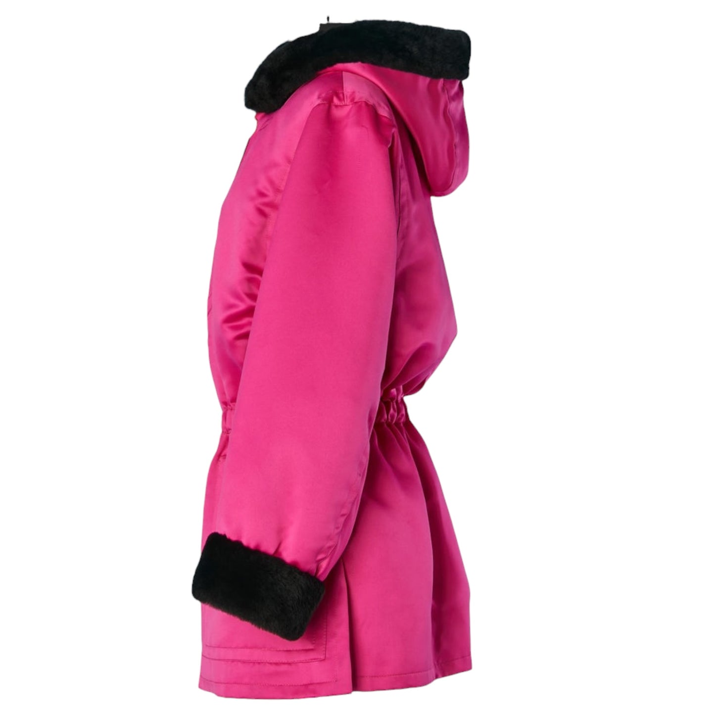 Yves Saint Laurent Fourrures Vintage Fuchsia Satin Nutria Fur Trim Hooded Parka Jacket – Size FR 40, c. Late 1980s–Early 1990s