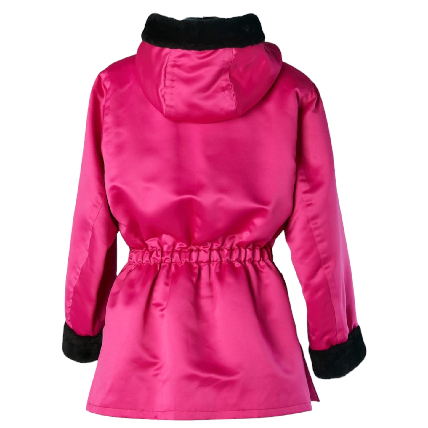 Yves Saint Laurent Fourrures Vintage Fuchsia Satin Nutria Fur Trim Hooded Parka Jacket – Size FR 40, c. Late 1980s–Early 1990s