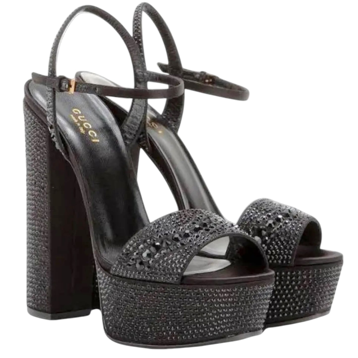 Gucci S/S 2014 Black Crystal-Embellished Satin Platform Sandals Heels | Size 39