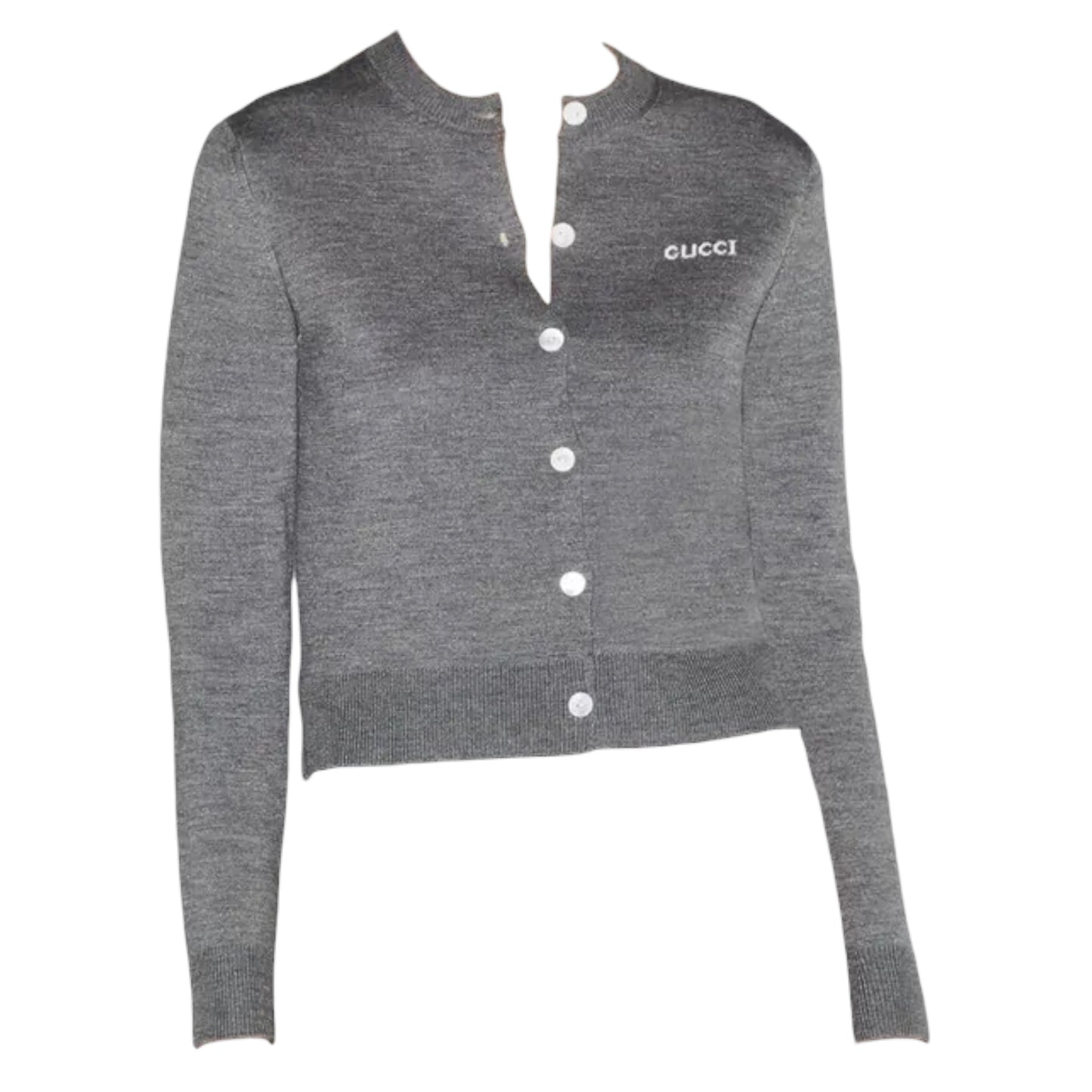 Gucci Gray Melange Logo Cotton Wool Silk Blend Cropped Cardigan Sweater | Size Medium