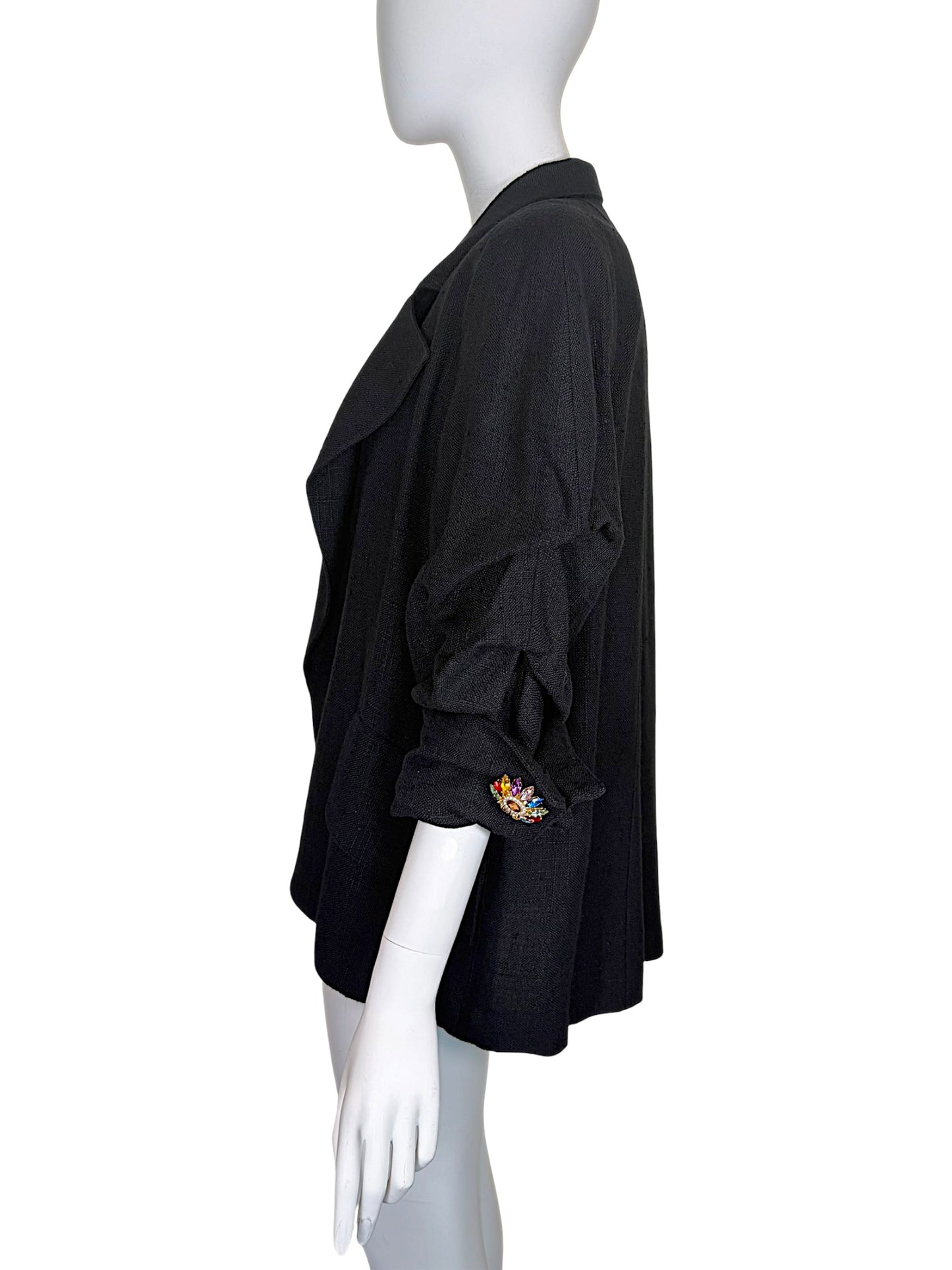 Vintage Christian Lacroix Paris 1990s Black Slubbed Viscose Linen Blend Jeweled Cuff Evening Jacket | Size 46 | NWT