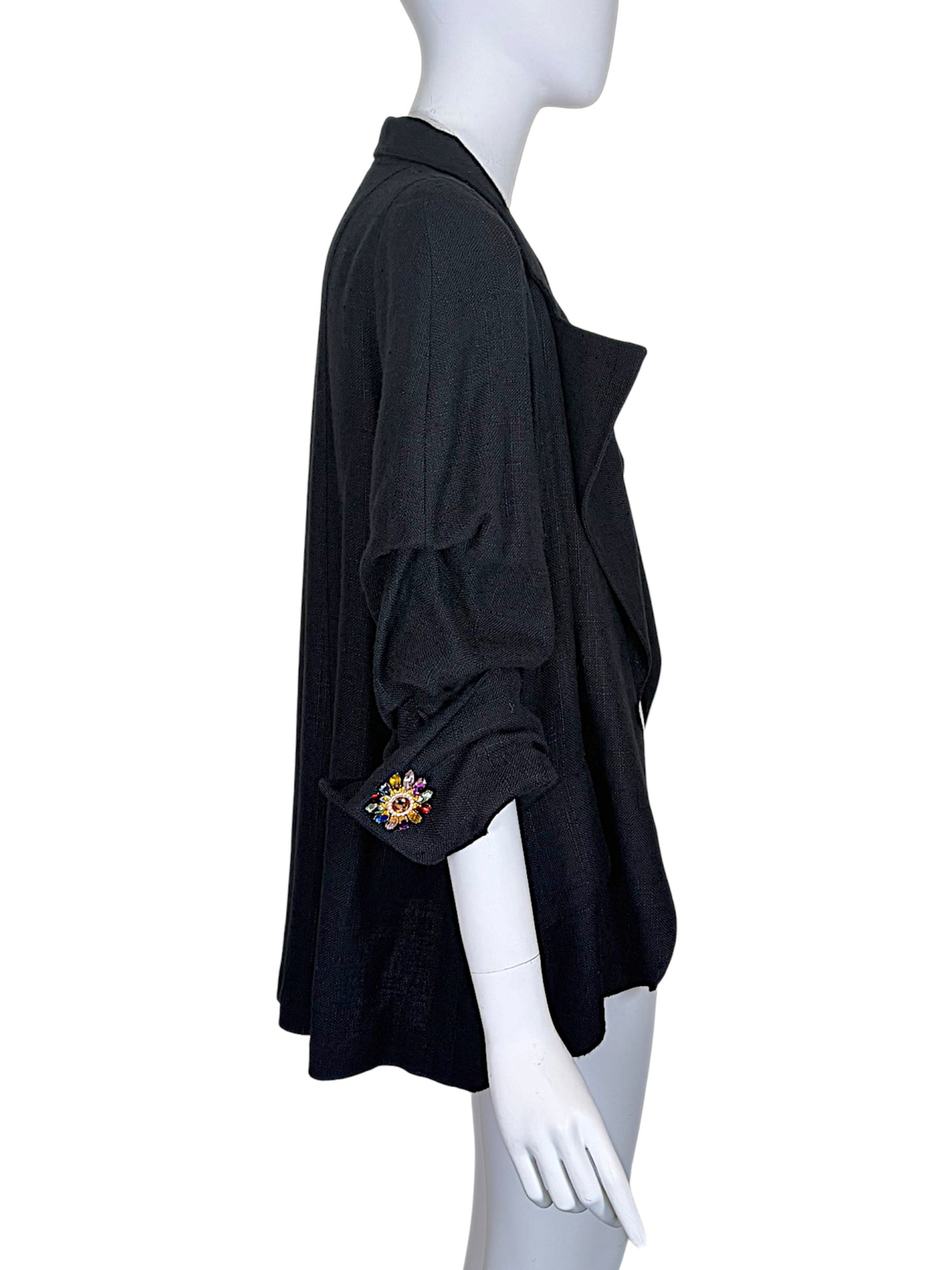 Vintage Christian Lacroix Paris 1990s Black Slubbed Viscose Linen Blend Jeweled Cuff Evening Jacket | Size 46 | NWT