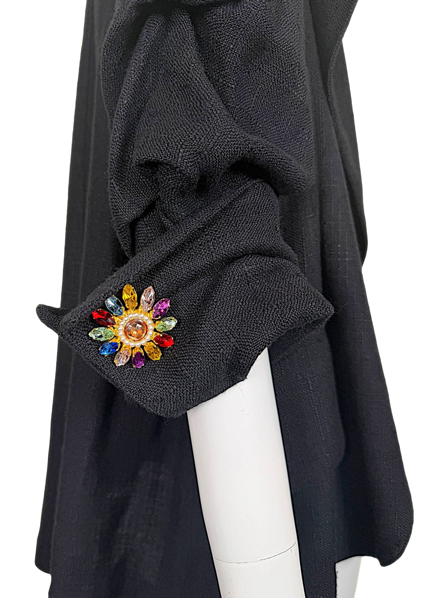 Vintage Christian Lacroix Paris 1990s Black Slubbed Viscose Linen Blend Jeweled Cuff Evening Jacket | Size 46 | NWT