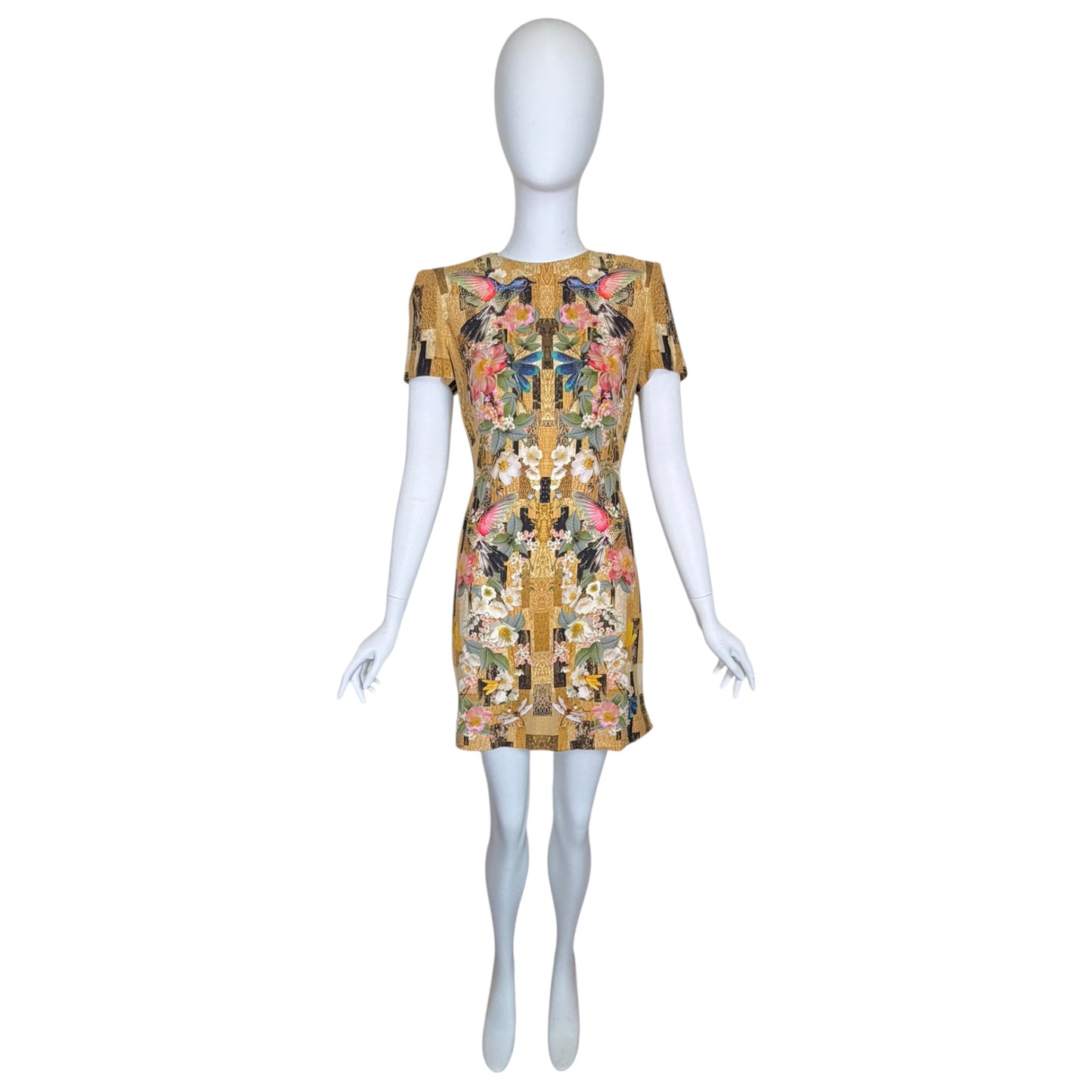 Alexander McQueen Gold Floral Hummingbird Print Sheath Dress IT 42 Silk Blend Mini Dress
