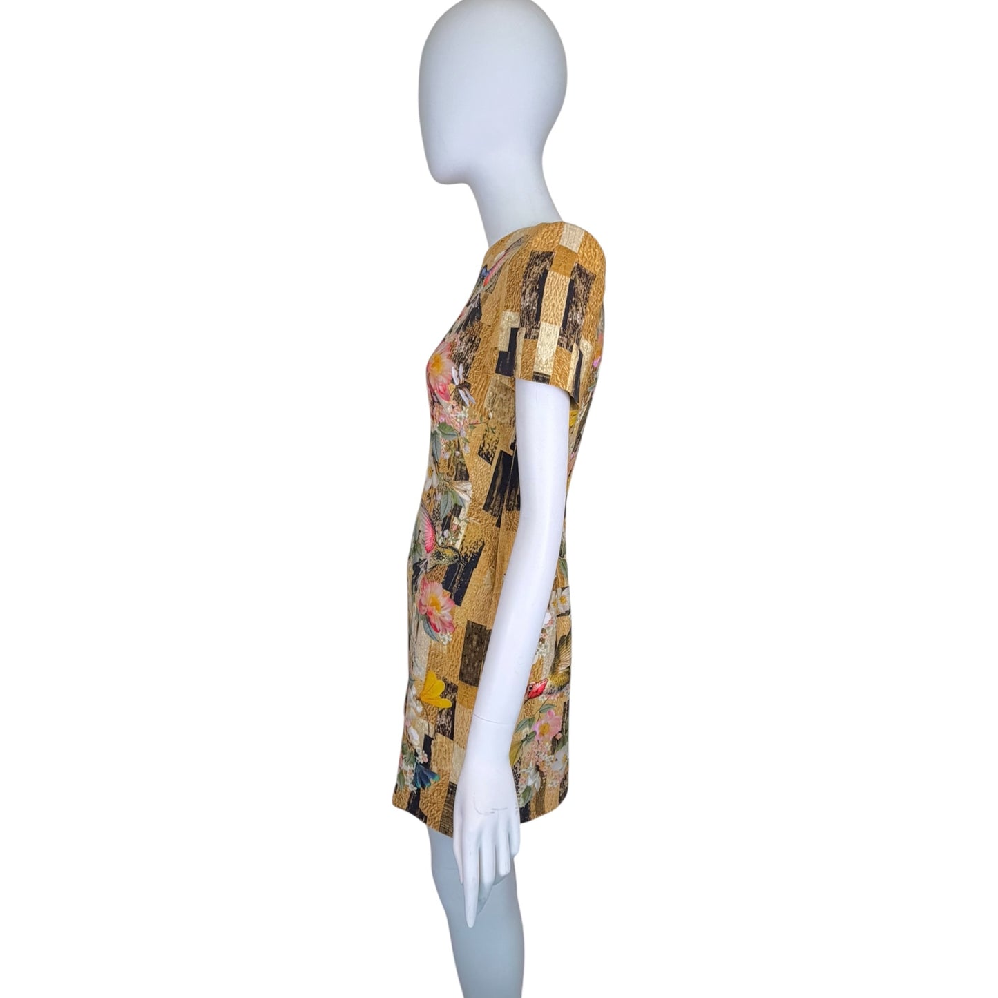 Alexander McQueen Gold Floral Hummingbird Print Sheath Dress IT 42 Silk Blend Mini Dress