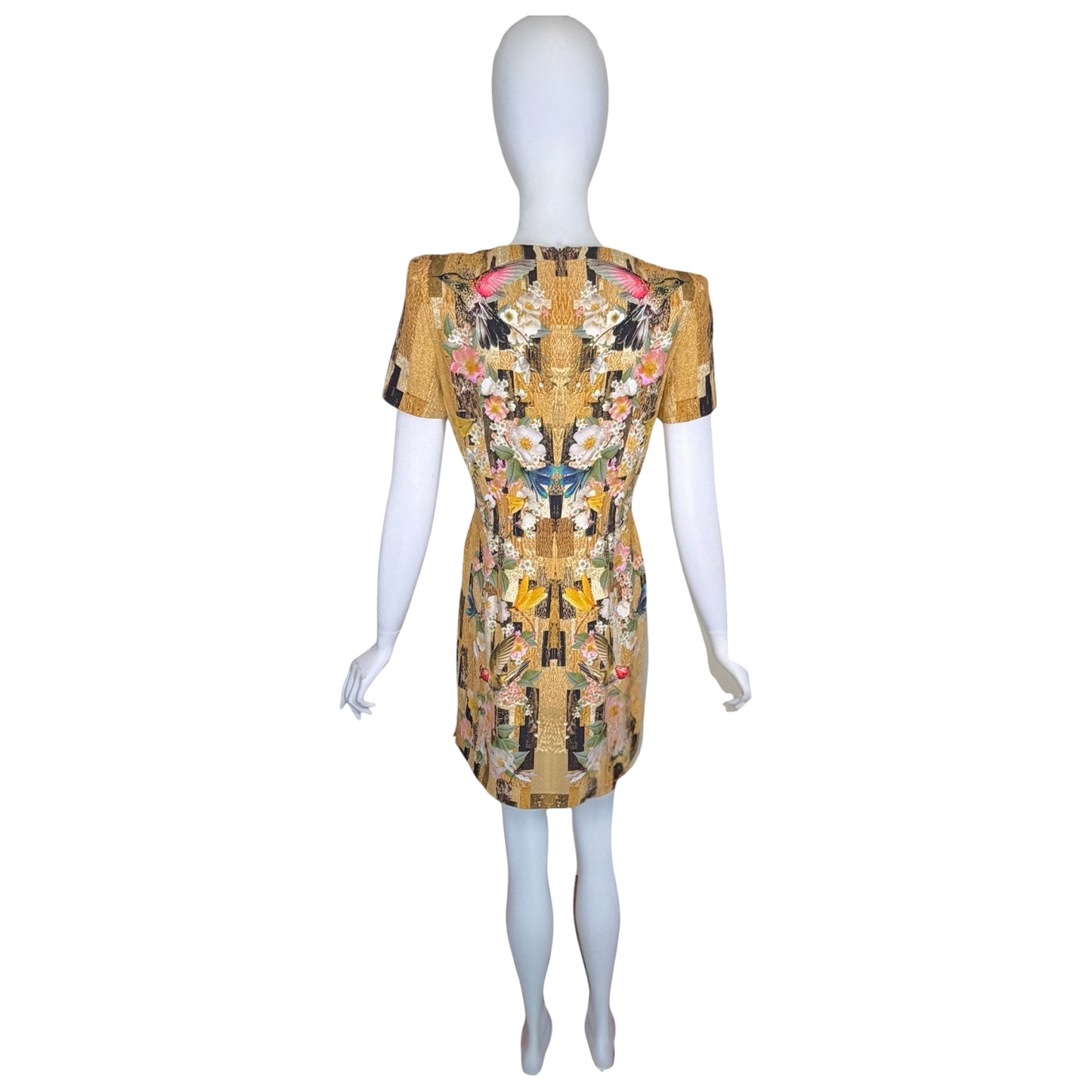 Alexander McQueen Gold Floral Hummingbird Print Sheath Dress IT 42 Silk Blend Mini Dress