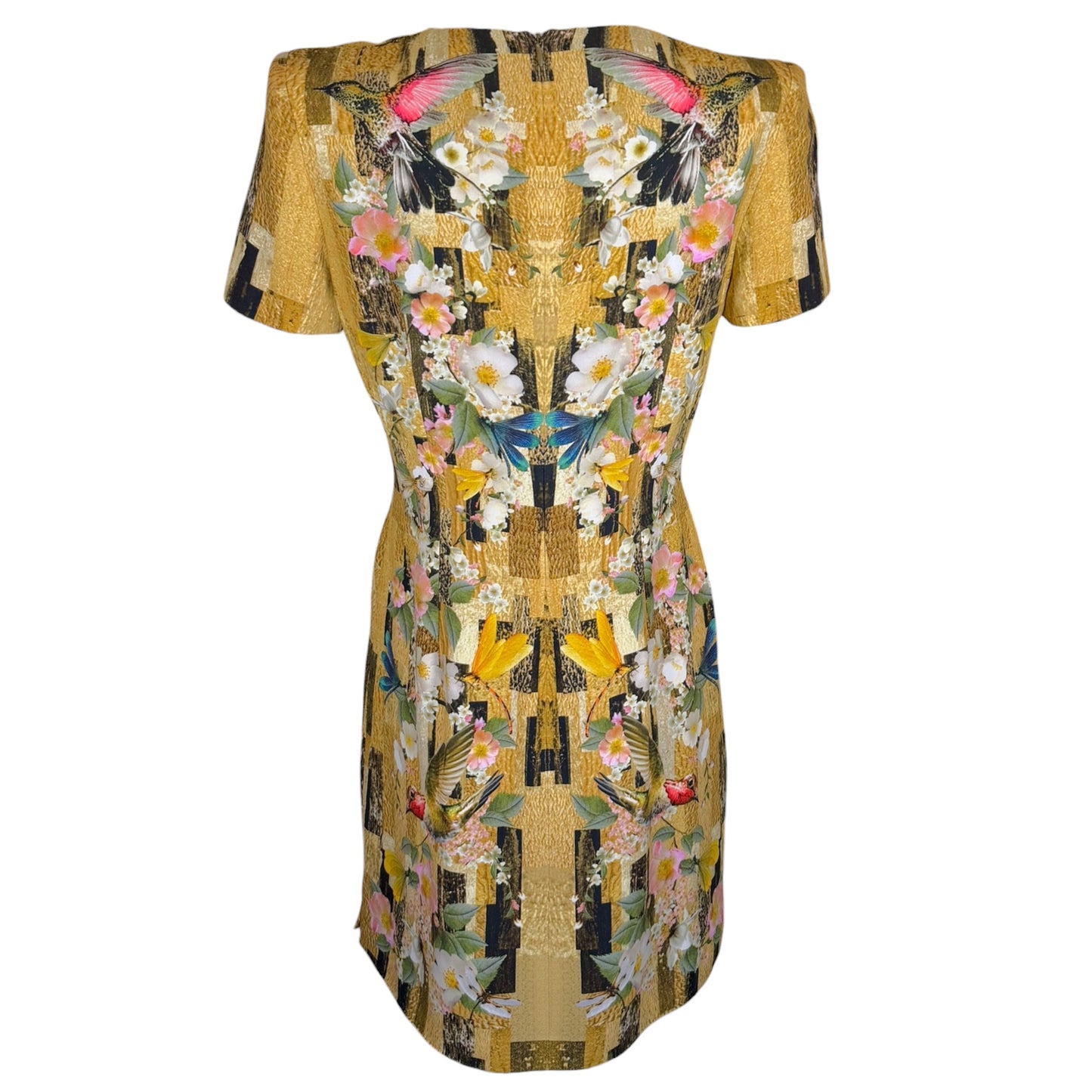 Alexander McQueen Gold Floral Hummingbird Print Sheath Dress IT 42 Silk Blend Mini Dress