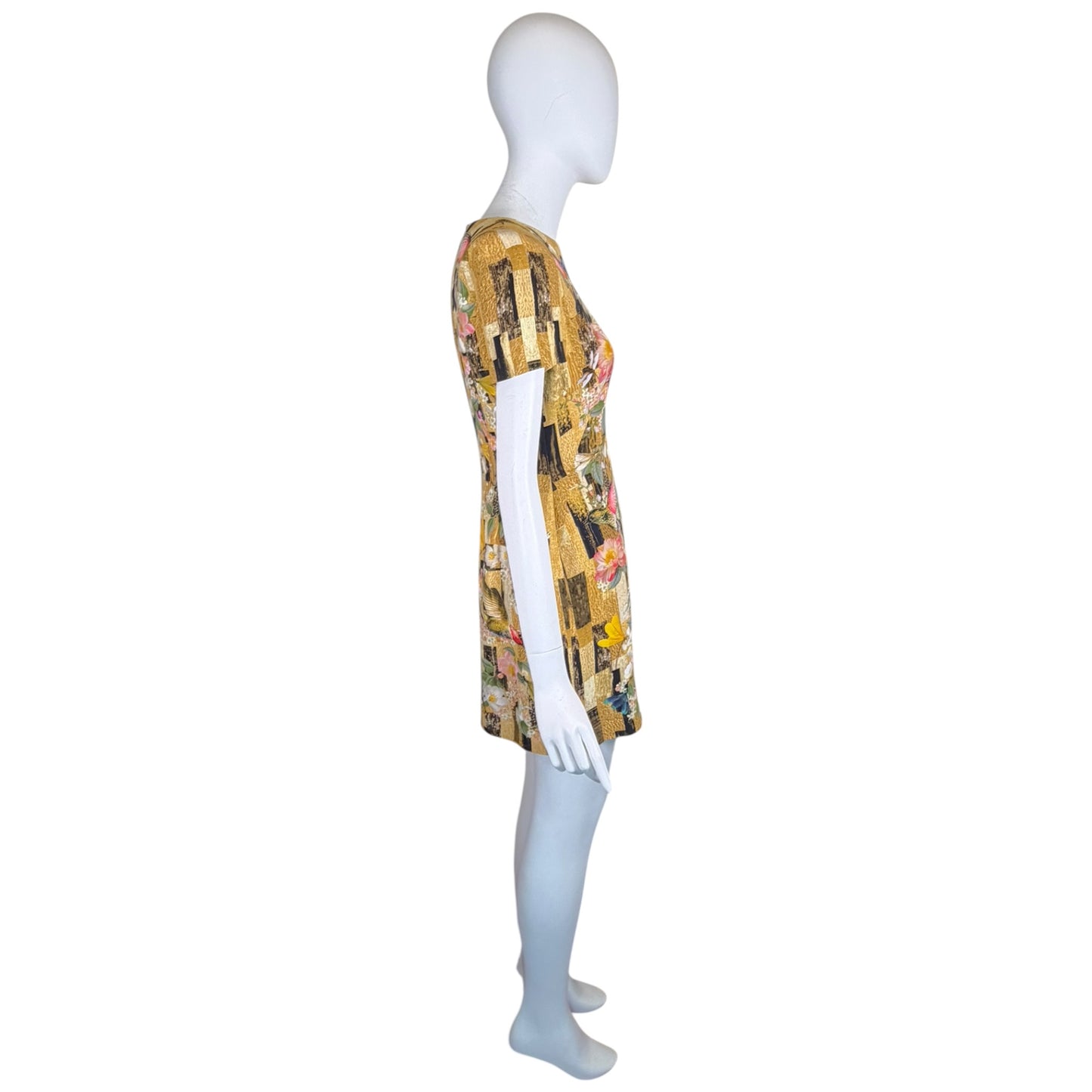Alexander McQueen Gold Floral Hummingbird Print Sheath Dress IT 42 Silk Blend Mini Dress