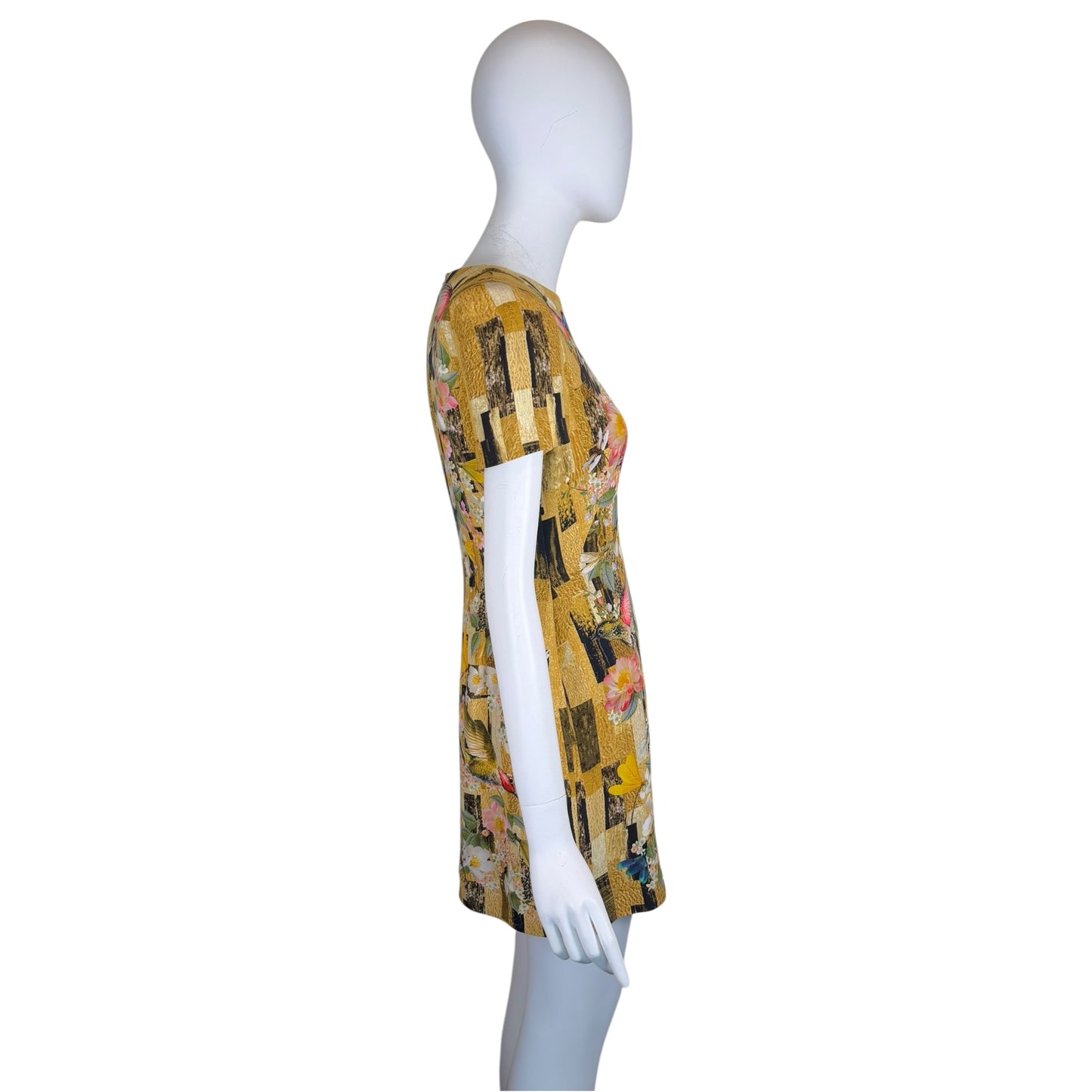 Alexander McQueen Gold Floral Hummingbird Print Sheath Dress IT 42 Silk Blend Mini Dress