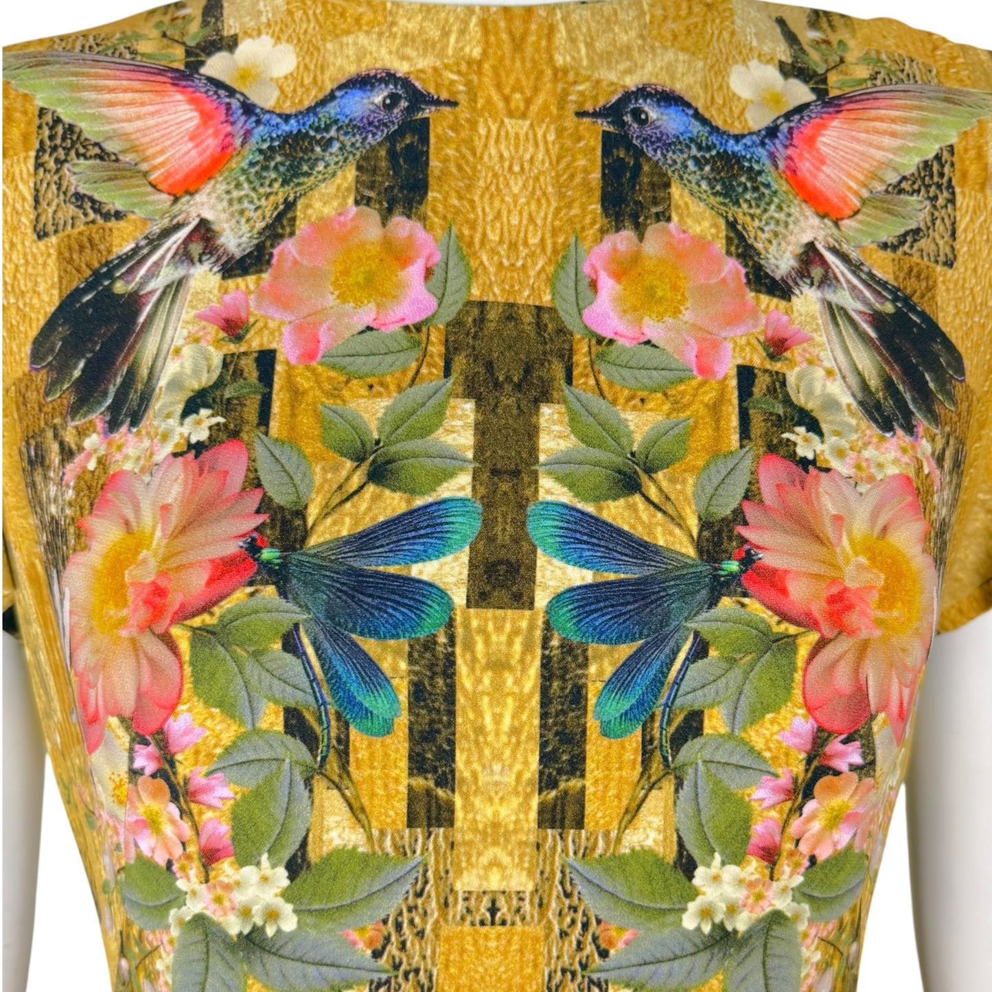 Alexander McQueen Gold Floral Hummingbird Print Sheath Dress IT 42 Silk Blend Mini Dress