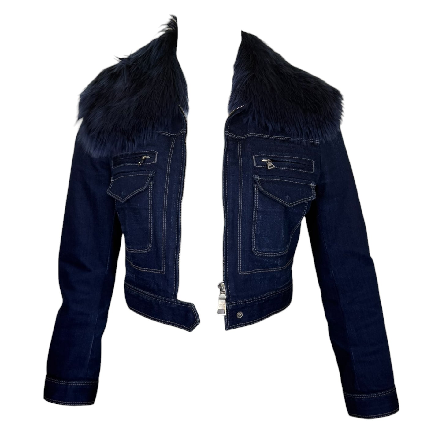 Prada 2008 Indigo Denim Cropped Jacket with Oversized Alpaca Fur Collar IT 40