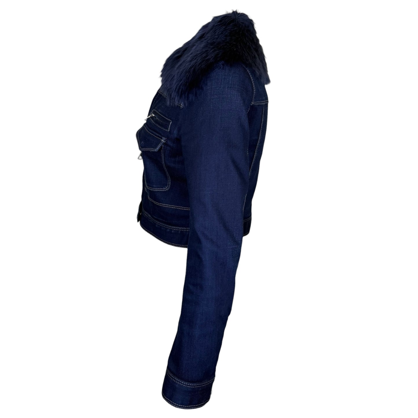 Prada 2008 Indigo Denim Cropped Jacket with Oversized Alpaca Fur Collar IT 40