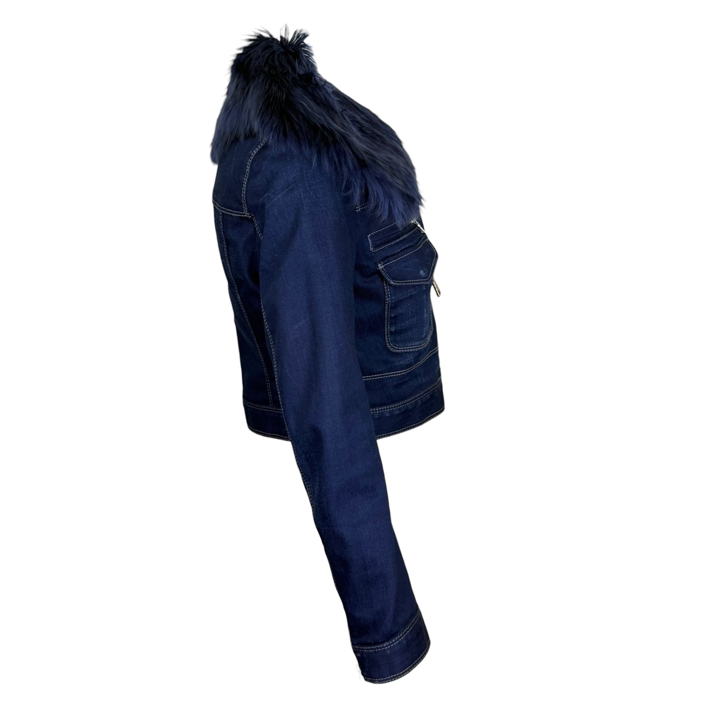 Prada 2008 Indigo Denim Cropped Jacket with Oversized Alpaca Fur Collar IT 40