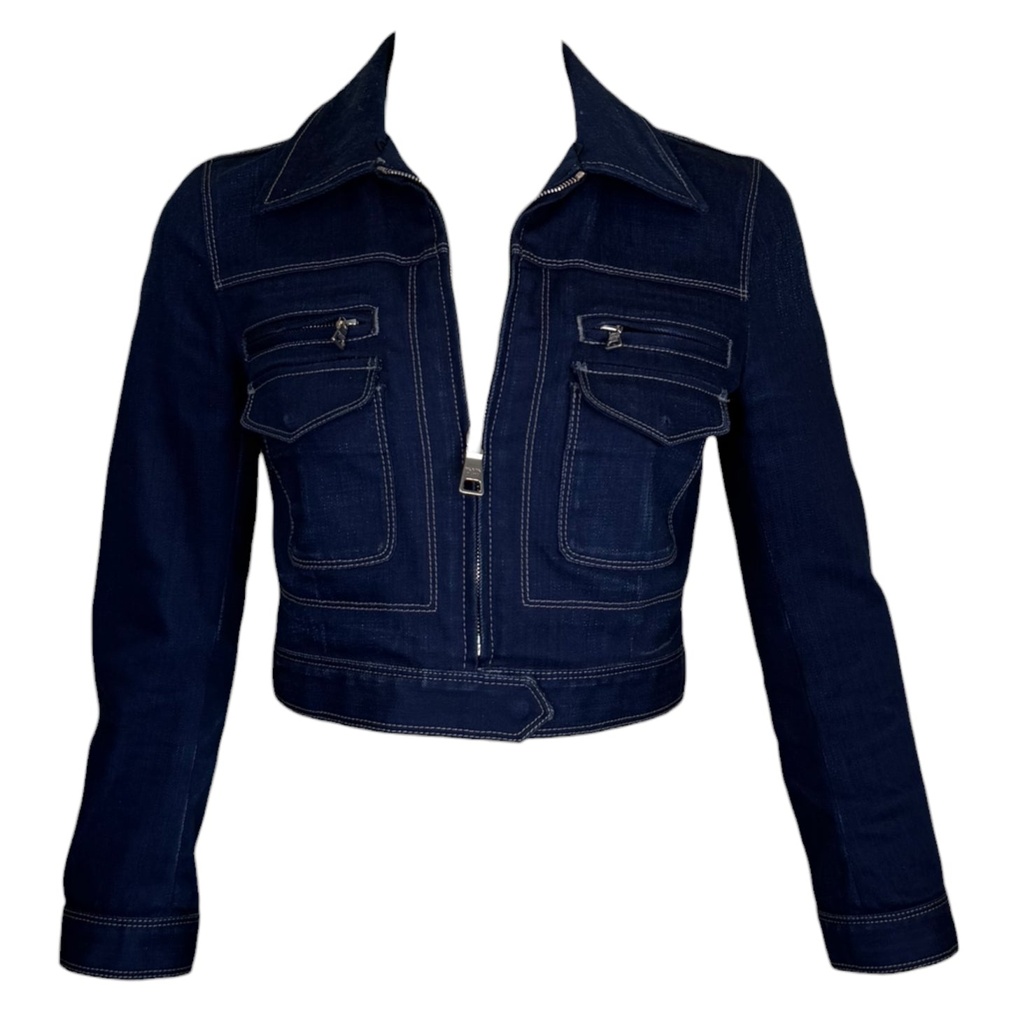 Prada 2008 Indigo Denim Cropped Jacket with Oversized Alpaca Fur Collar IT 40