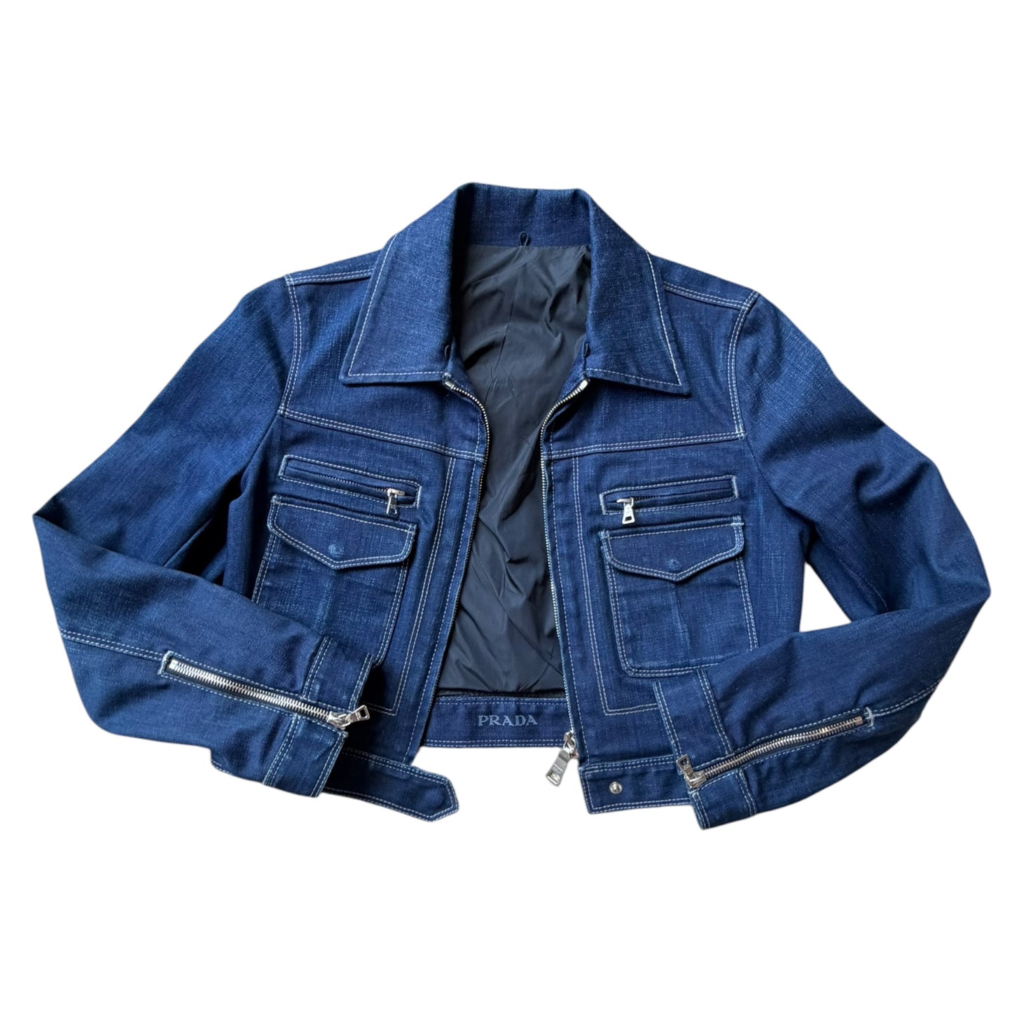 Prada 2008 Indigo Denim Cropped Jacket with Oversized Alpaca Fur Collar IT 40