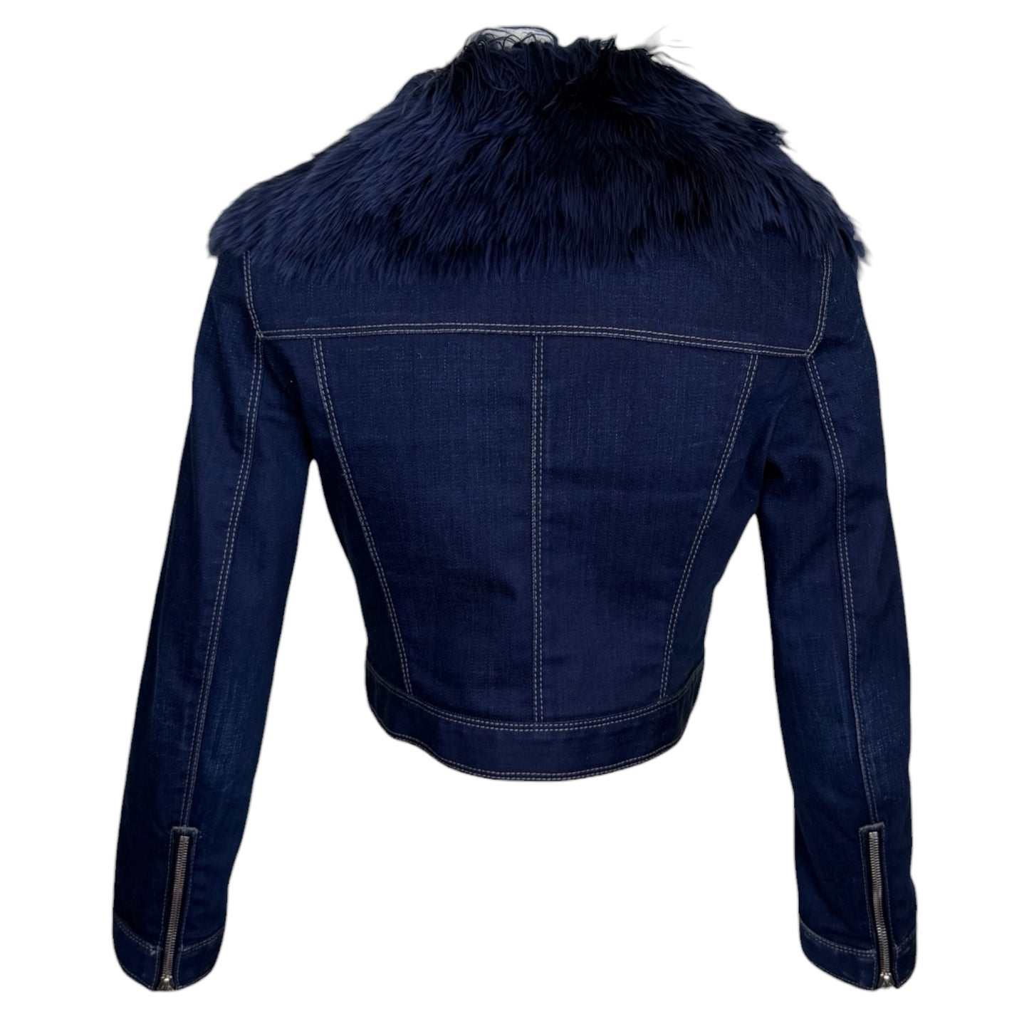 Prada 2008 Indigo Denim Cropped Jacket with Oversized Alpaca Fur Collar IT 40