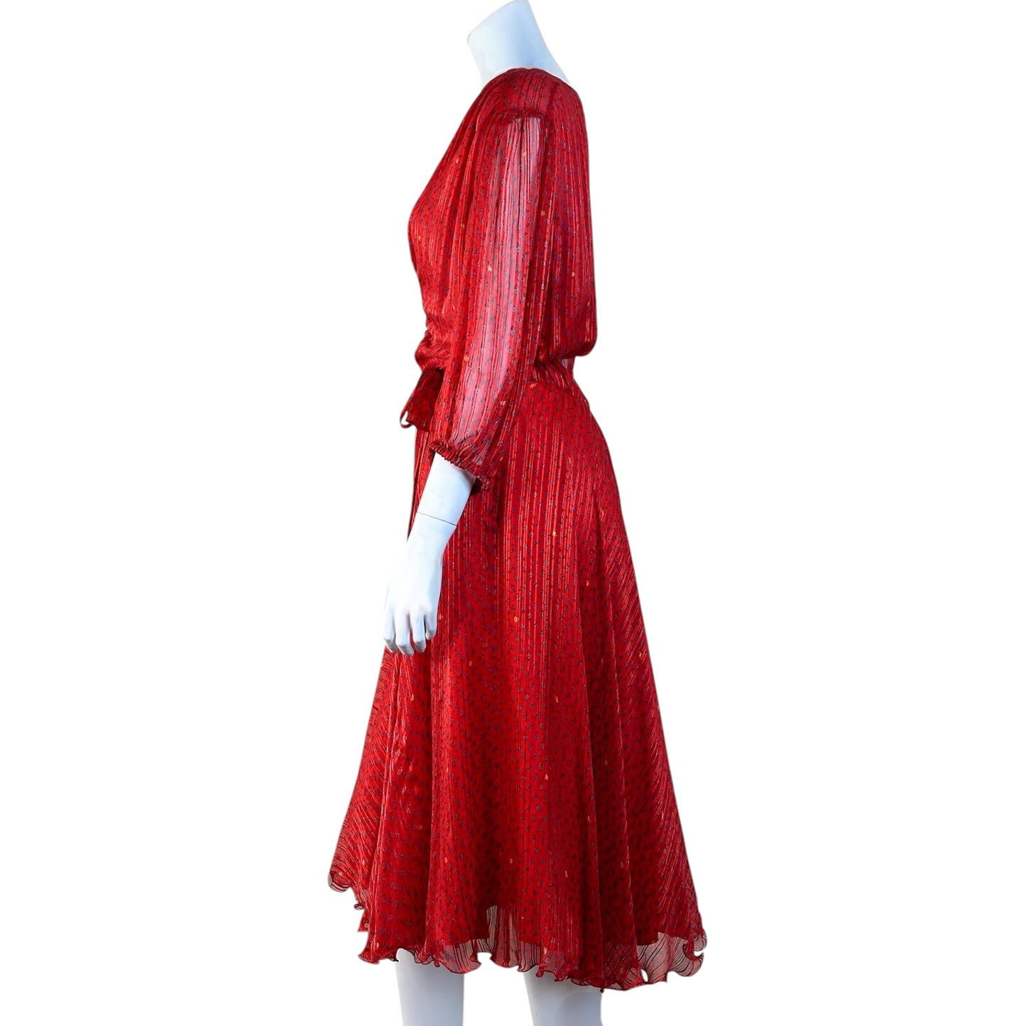 Balenciaga Vintage 1970s Red Silk Floral Print Chiffon Ruched Tie Waist Midi Dress Size Small