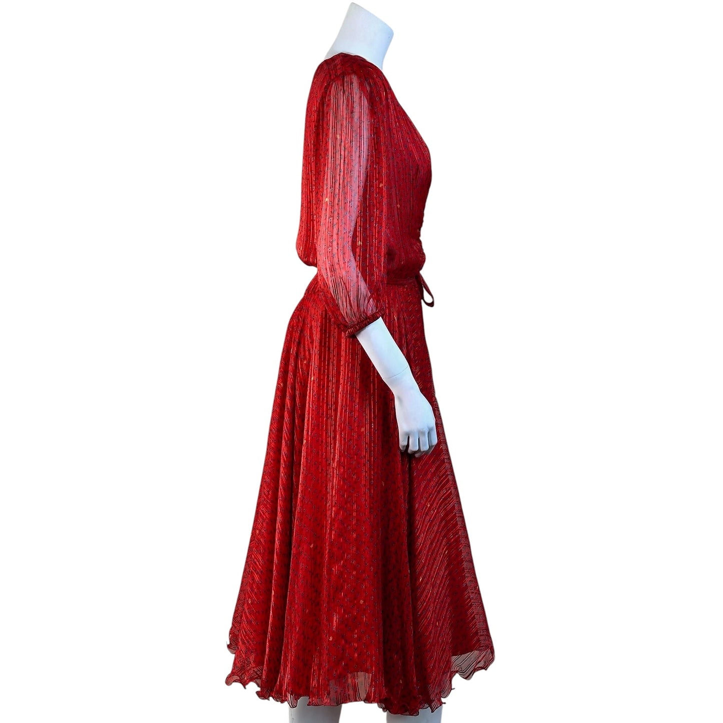 Balenciaga Vintage 1970s Red Silk Floral Print Chiffon Ruched Tie Waist Midi Dress Size Small