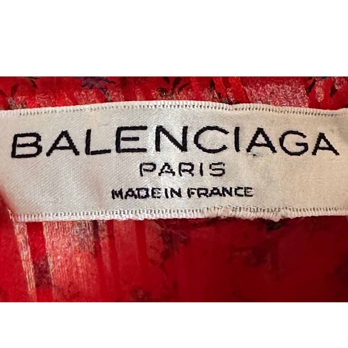 Balenciaga Vintage 1970s Red Silk Floral Print Chiffon Ruched Tie Waist Midi Dress Size Small