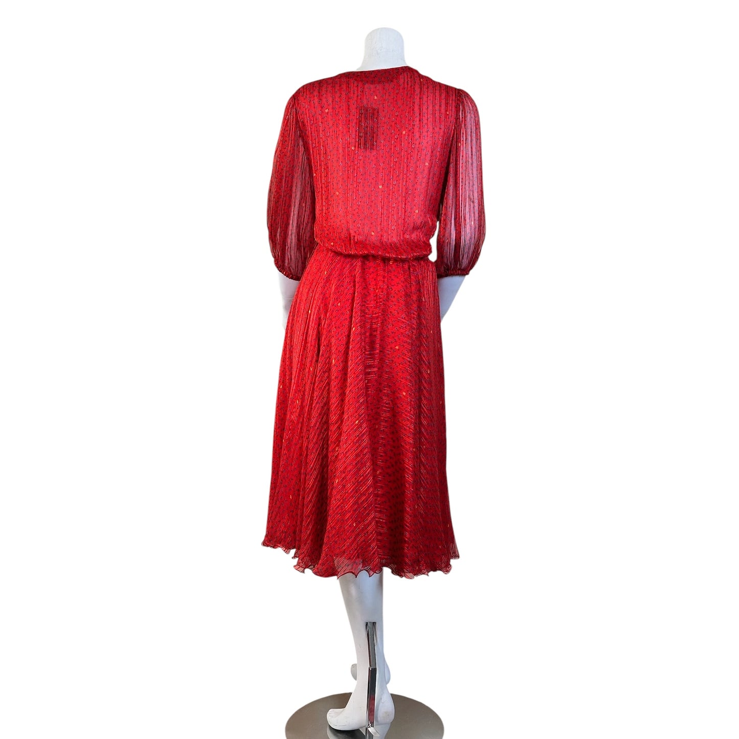 Balenciaga Vintage 1970s Red Silk Floral Print Chiffon Ruched Tie Waist Midi Dress Size Small