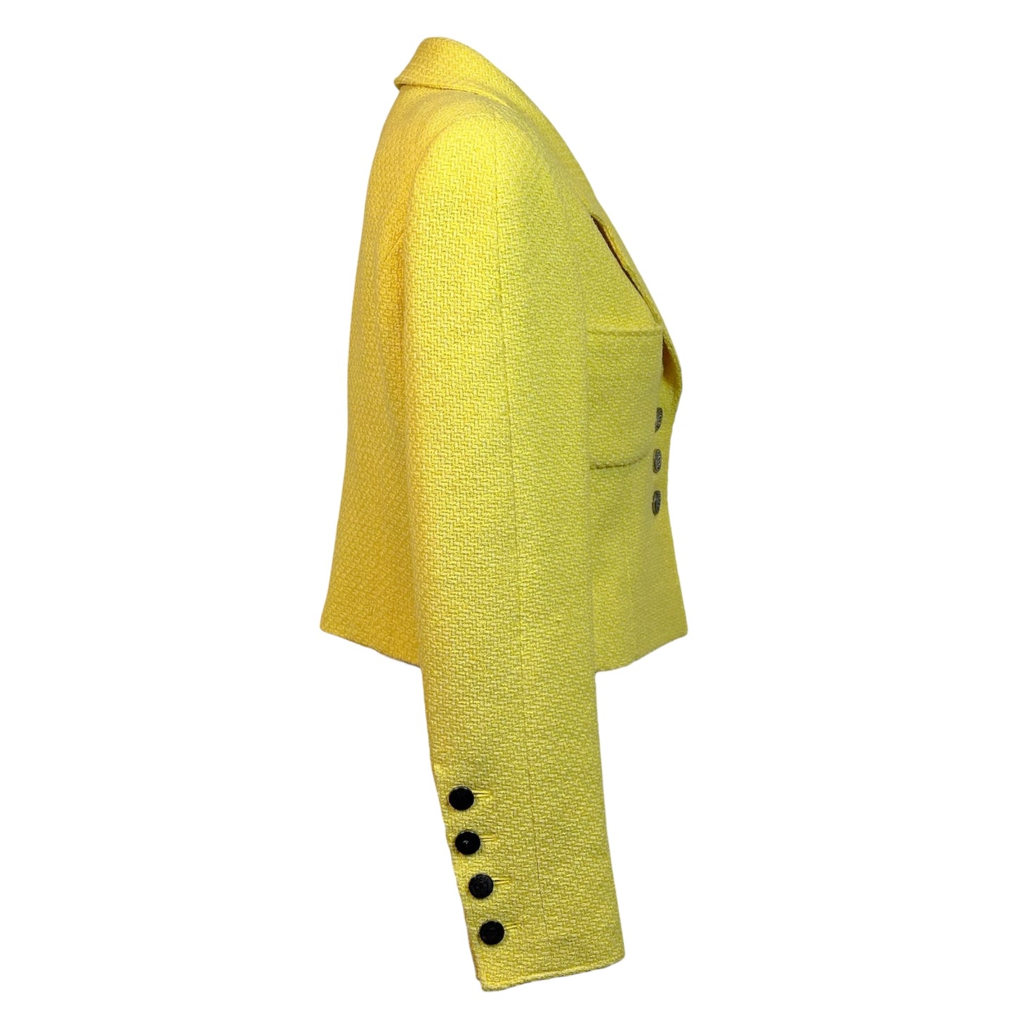 Chanel 1997 Cruise Yellow Tweed Cropped Jacket 97C CC Button Shrunken Blazer Size 42