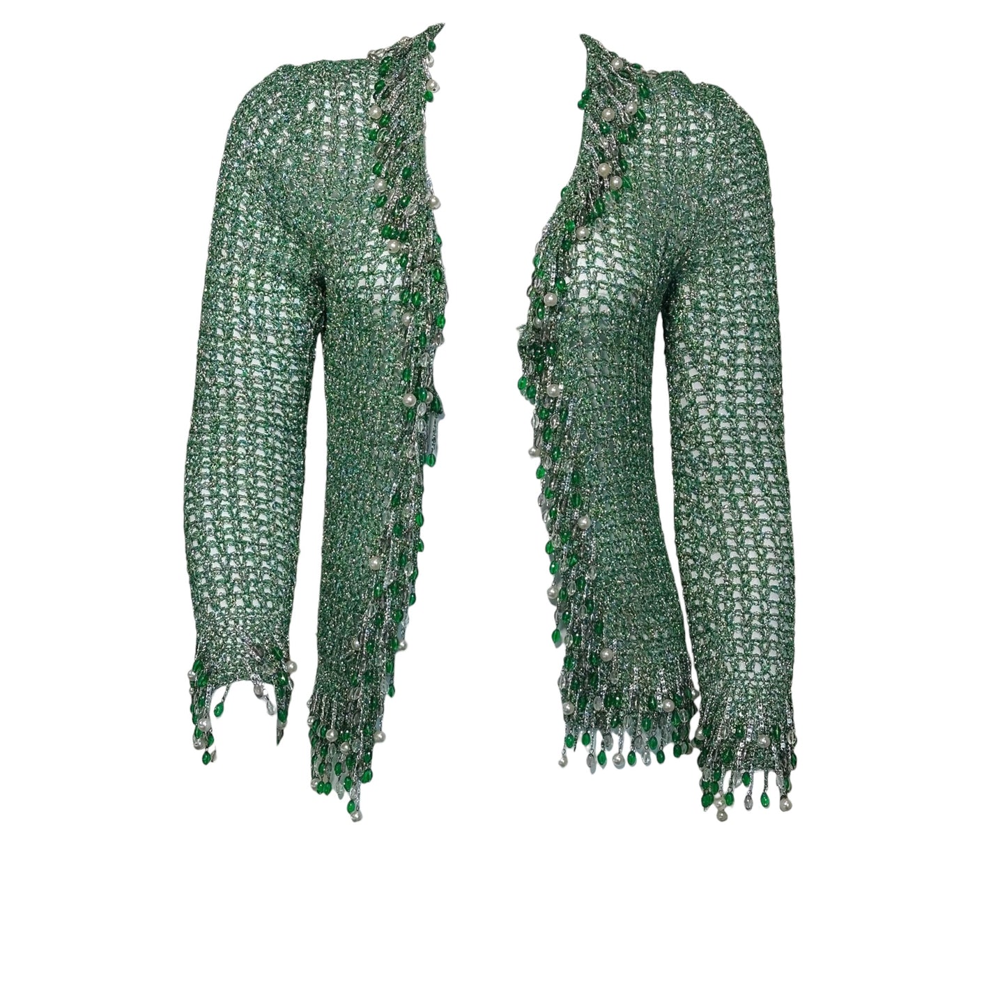 Vintage Loris Azzaro Paris 1970's Green Metallic Crochet Beaded Fringe Cardigan Jacket