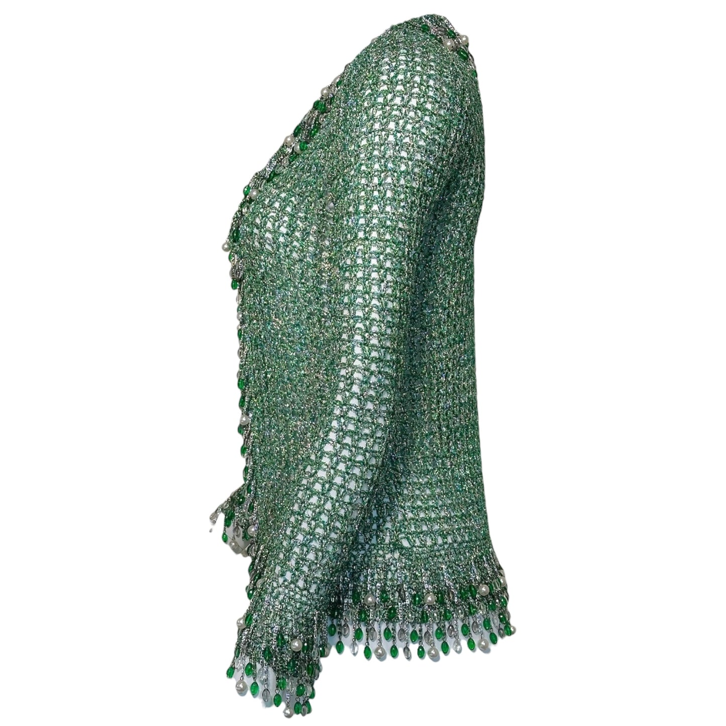 Vintage Loris Azzaro Paris 1970's Green Metallic Crochet Beaded Fringe Cardigan Jacket
