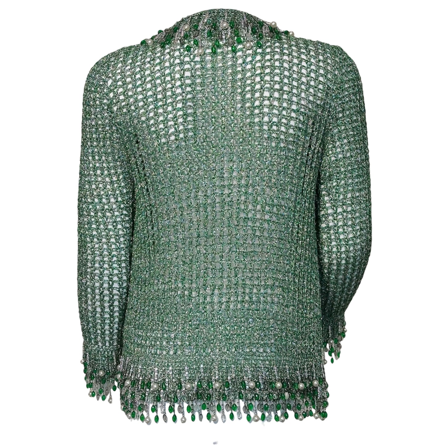 Vintage Loris Azzaro Paris 1970's Green Metallic Crochet Beaded Fringe Cardigan Jacket