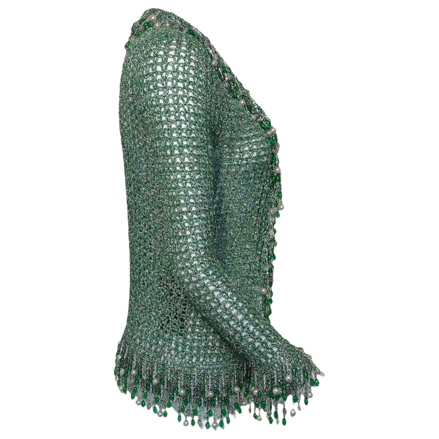 Vintage Loris Azzaro Paris 1970's Green Metallic Crochet Beaded Fringe Cardigan Jacket