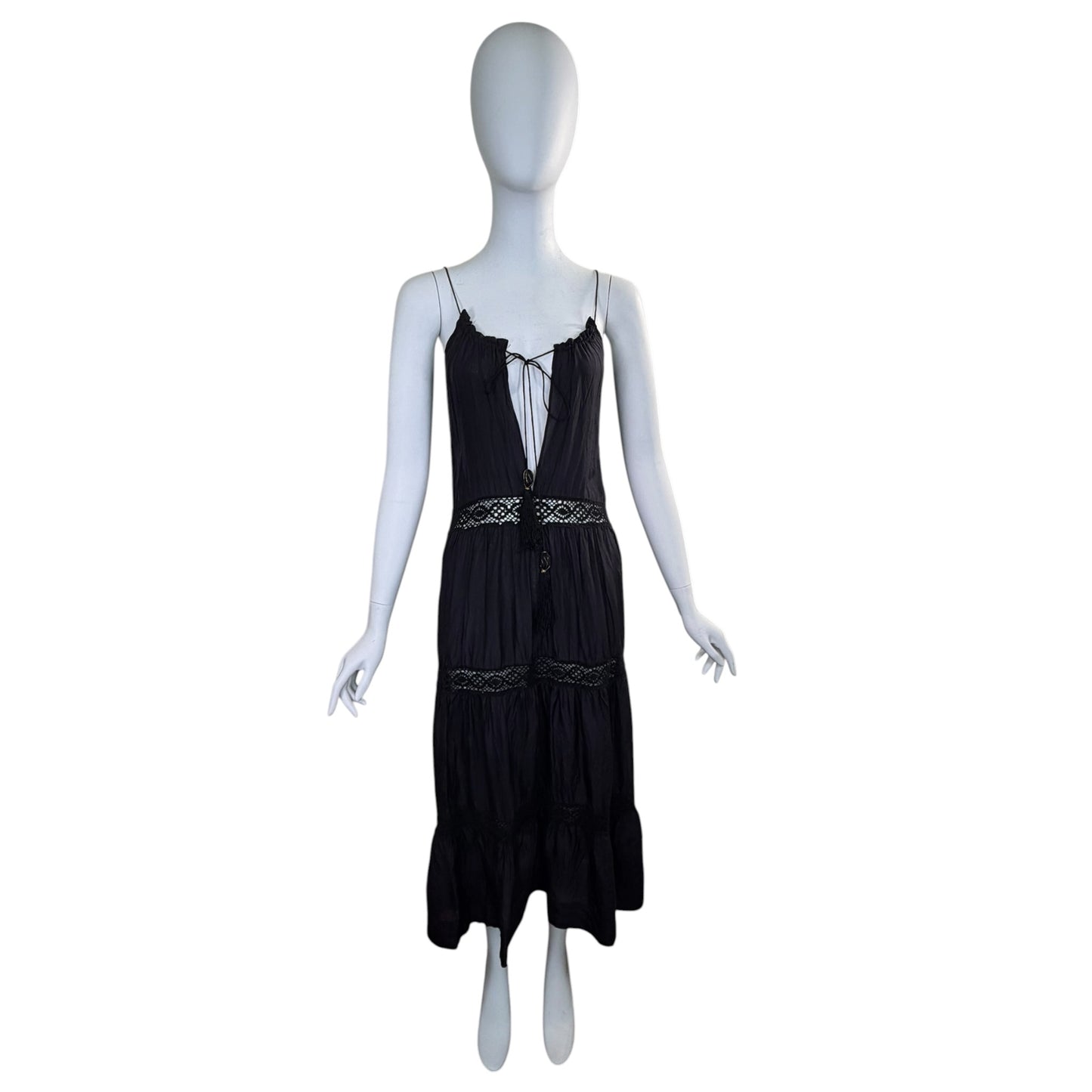 Day Birger et Mikkelsen Black Silk Crochet Tassel Plunge Midi Dress Size 36