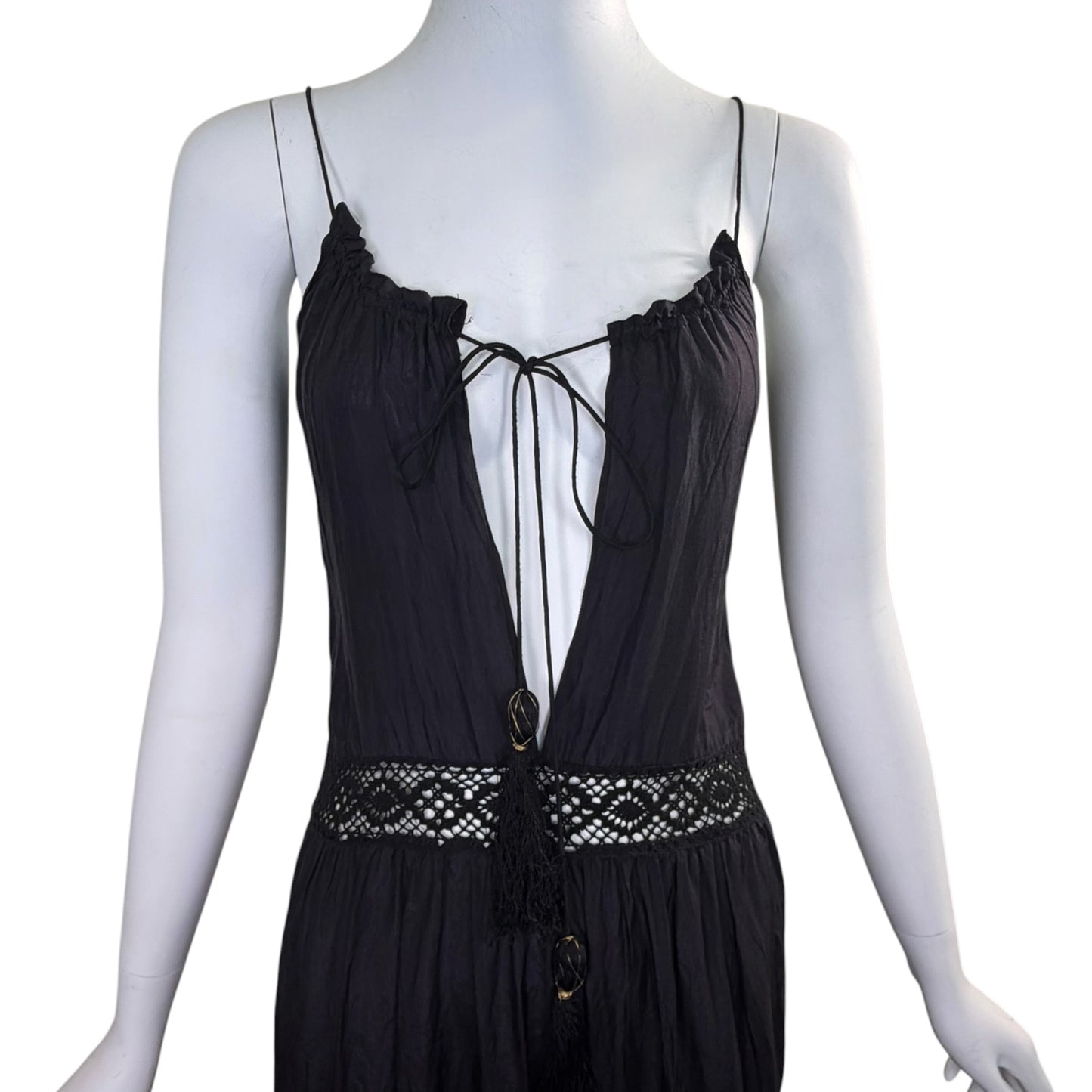 Day Birger et Mikkelsen Black Silk Crochet Tassel Plunge Midi Dress Size 36