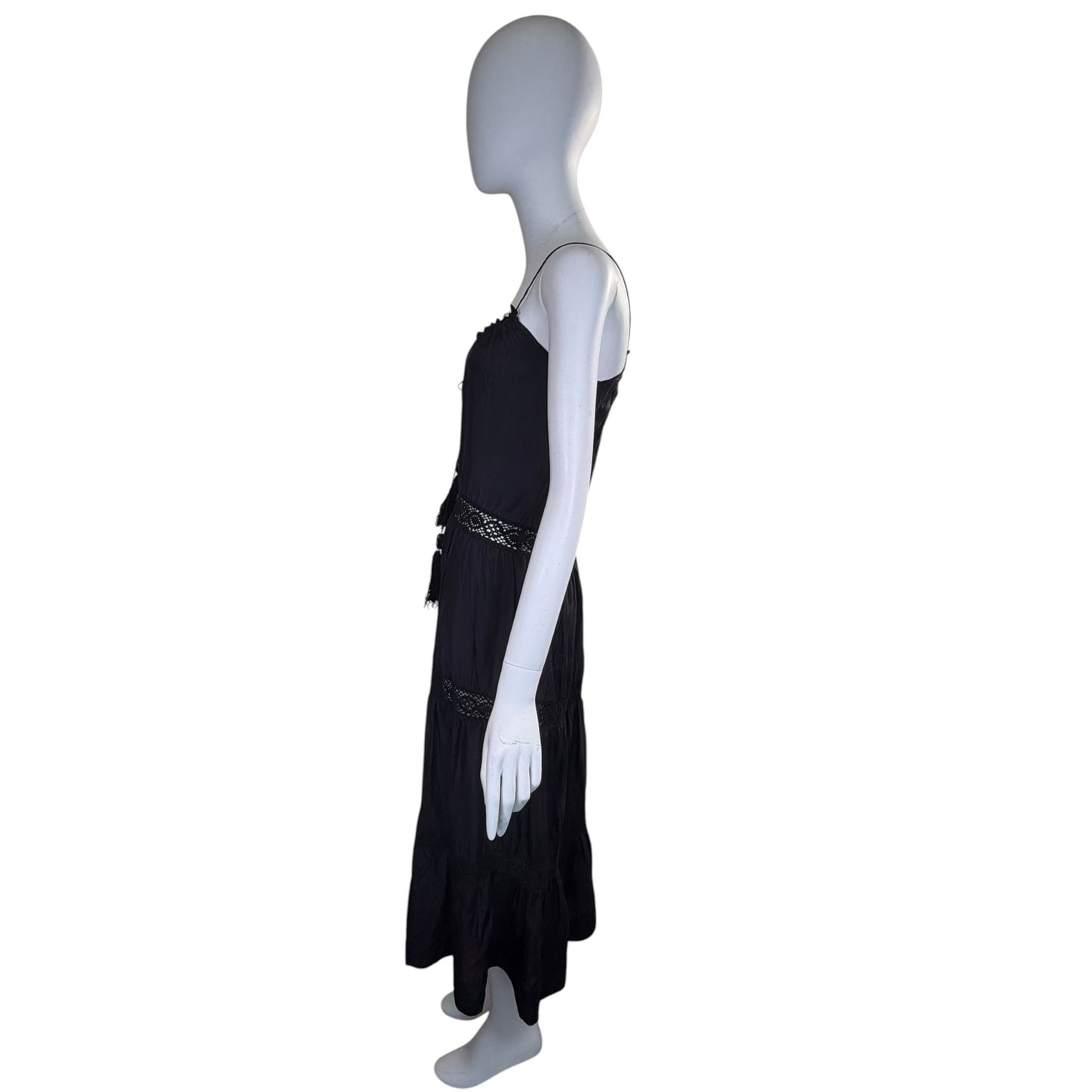 Day Birger et Mikkelsen Black Silk Crochet Tassel Plunge Midi Dress Size 36