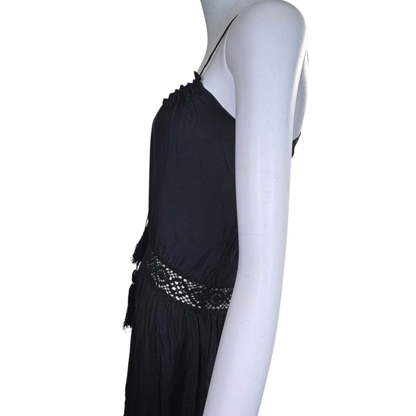 Day Birger et Mikkelsen Black Silk Crochet Tassel Plunge Midi Dress Size 36
