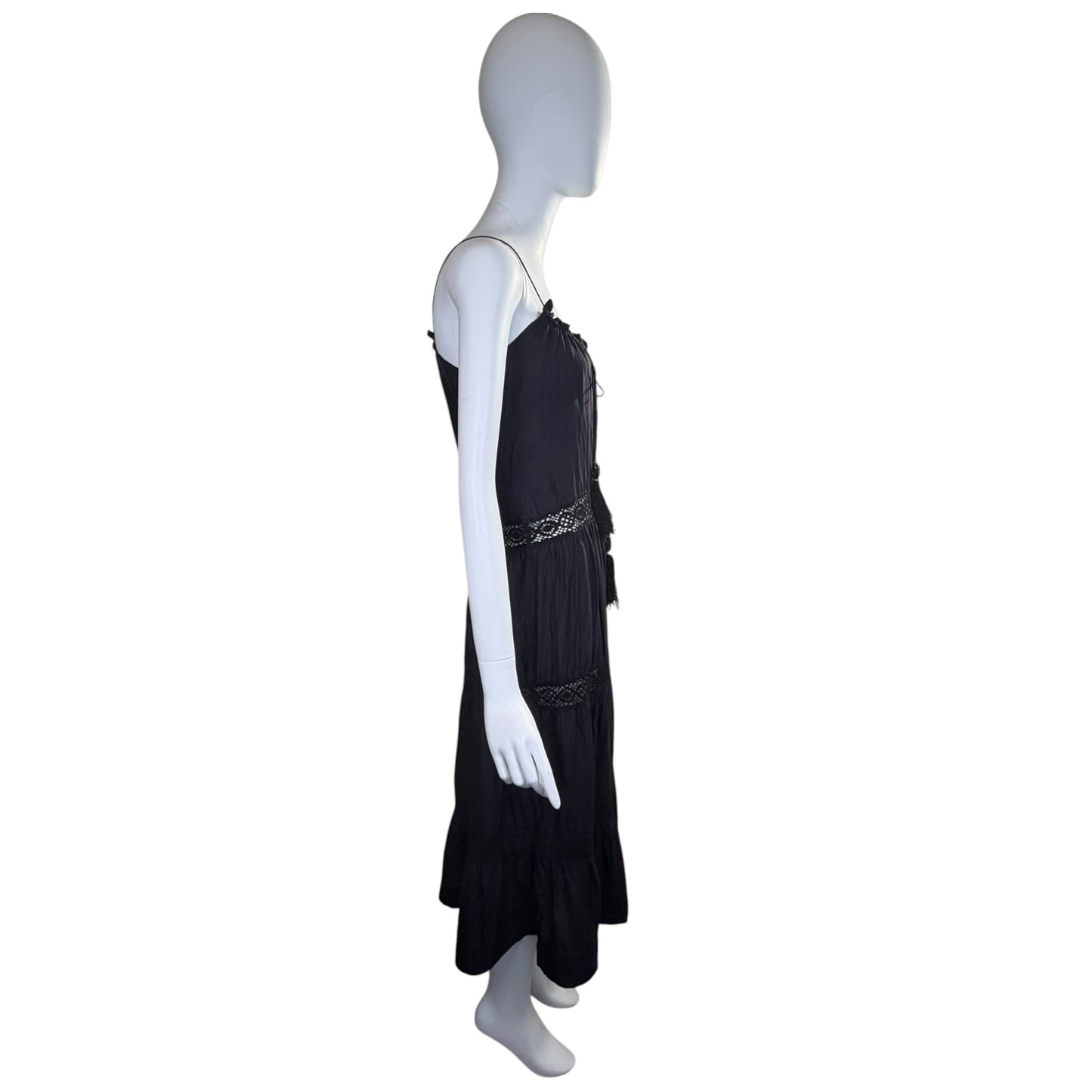 Day Birger et Mikkelsen Black Silk Crochet Tassel Plunge Midi Dress Size 36
