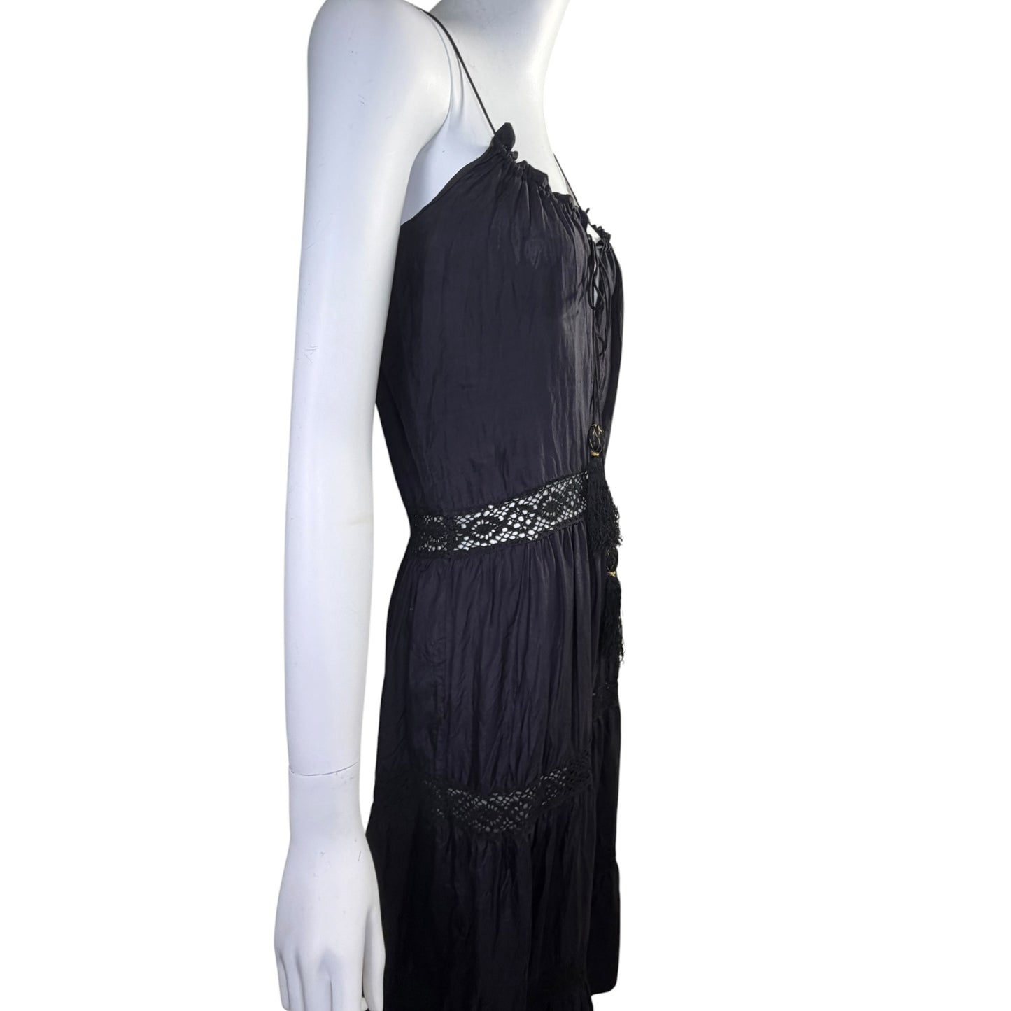 Day Birger et Mikkelsen Black Silk Crochet Tassel Plunge Midi Dress Size 36