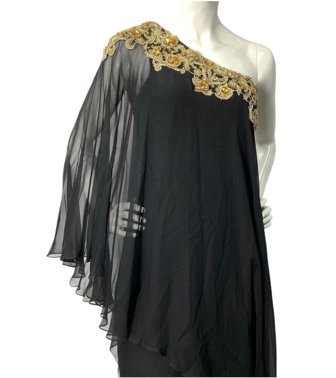 Marchesa Black Silk Chiffon One-Shoulder Gown with Gold Embroidered Crystal Appliqué (c. 2009-2011)