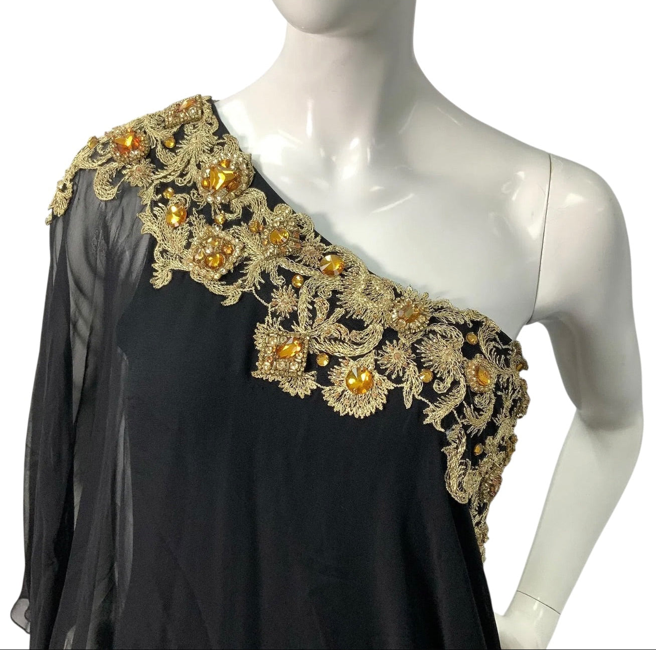 Marchesa Black Silk Chiffon One-Shoulder Gown with Gold Embroidered Crystal Appliqué (c. 2009-2011)