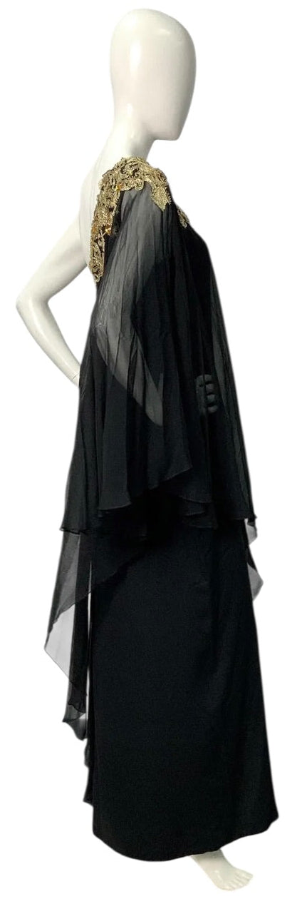 Marchesa Black Silk Chiffon One-Shoulder Gown with Gold Embroidered Crystal Appliqué (c. 2009-2011)