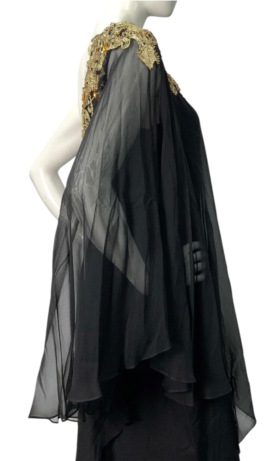 Marchesa Black Silk Chiffon One-Shoulder Gown with Gold Embroidered Crystal Appliqué (c. 2009-2011)